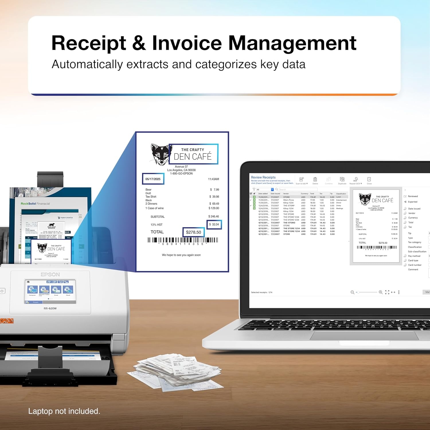image:imageEpson RapidReceipt RR600W Wireless Desktop Color 2Sided Document amp Tax Receipt Scanner with ScanSmart AI PRO Data Management Software for PC amp Mac Touchscreen amp 100Page Auto Document Feeder WhiteRR620W