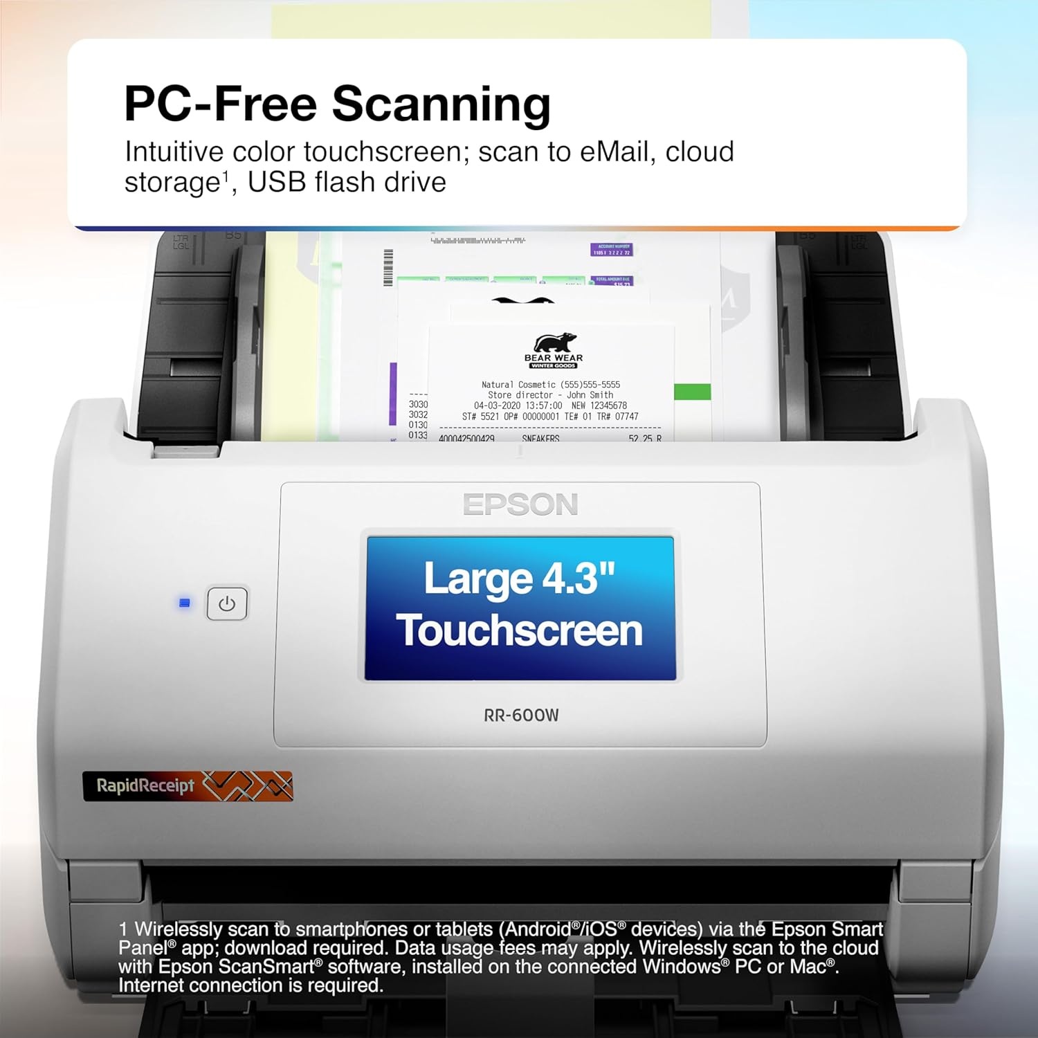 image:imageEpson RapidReceipt RR600W Wireless Desktop Color 2Sided Document amp Tax Receipt Scanner with ScanSmart AI PRO Data Management Software for PC amp Mac Touchscreen amp 100Page Auto Document Feeder WhiteRR600W