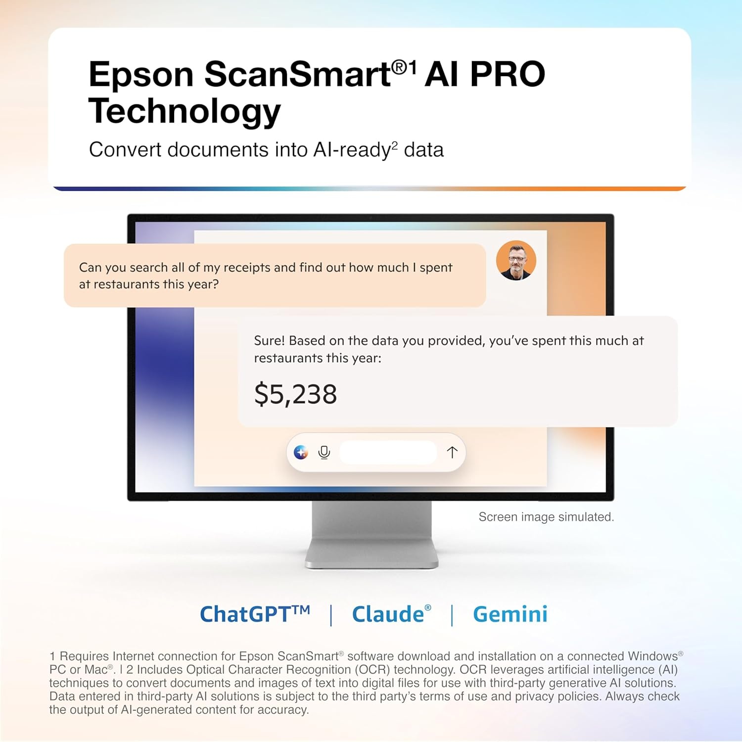 image:imageEpson RapidReceipt RR600W Wireless Desktop Color 2Sided Document amp Tax Receipt Scanner with ScanSmart AI PRO Data Management Software for PC amp Mac Touchscreen amp 100Page Auto Document Feeder WhiteRR620W