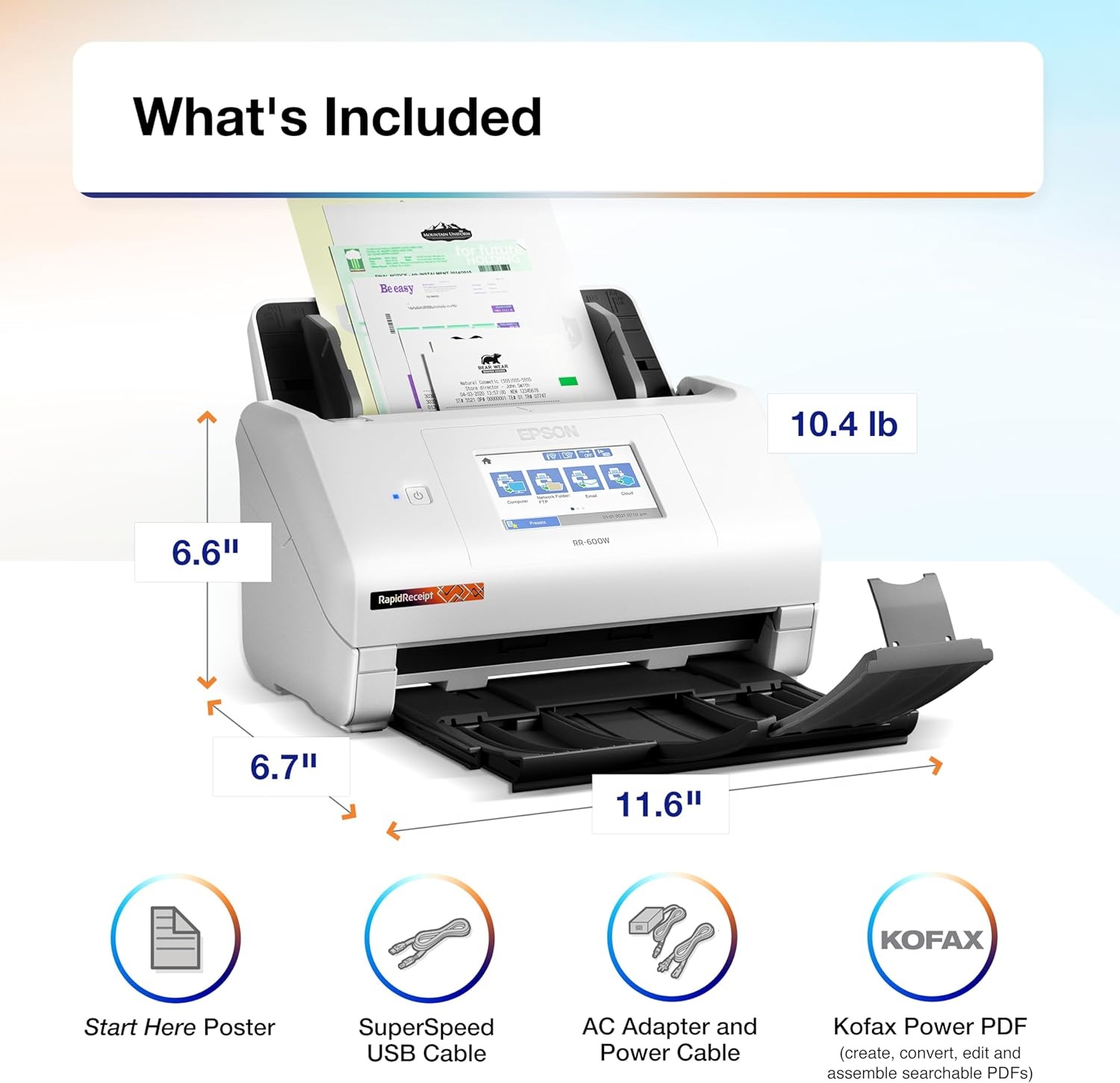 image:imageEpson RapidReceipt RR600W Wireless Desktop Color 2Sided Document amp Tax Receipt Scanner with ScanSmart AI PRO Data Management Software for PC amp Mac Touchscreen amp 100Page Auto Document Feeder WhiteRR600W