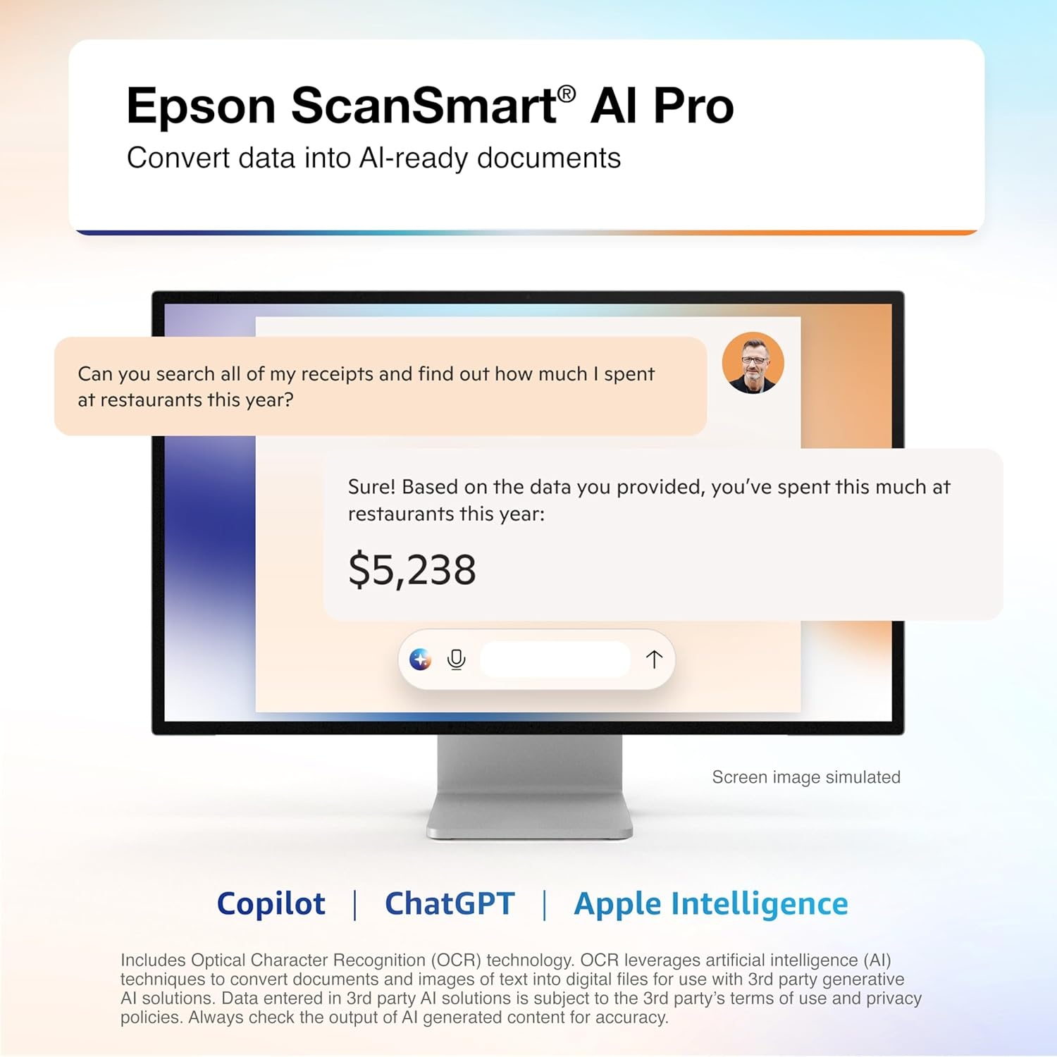 image:imageEpson RapidReceipt RR600W Wireless Desktop Color 2Sided Document amp Tax Receipt Scanner with ScanSmart AI PRO Data Management Software for PC amp Mac Touchscreen amp 100Page Auto Document Feeder WhiteRR600W