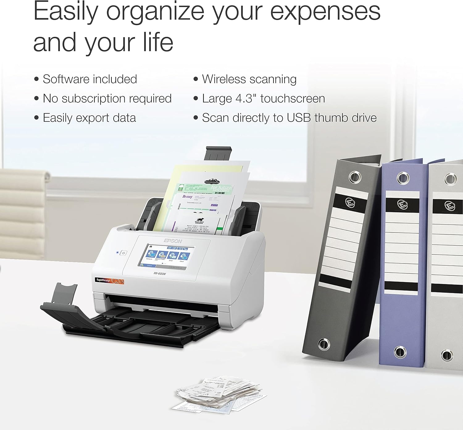 image:imageEpson RapidReceipt RR600W Wireless Desktop Color Duplex Receipt and Document Scanner with Receipt Management Software Touchscreen and Auto Document Feeder Full 1Year Limited Warranty Renewed