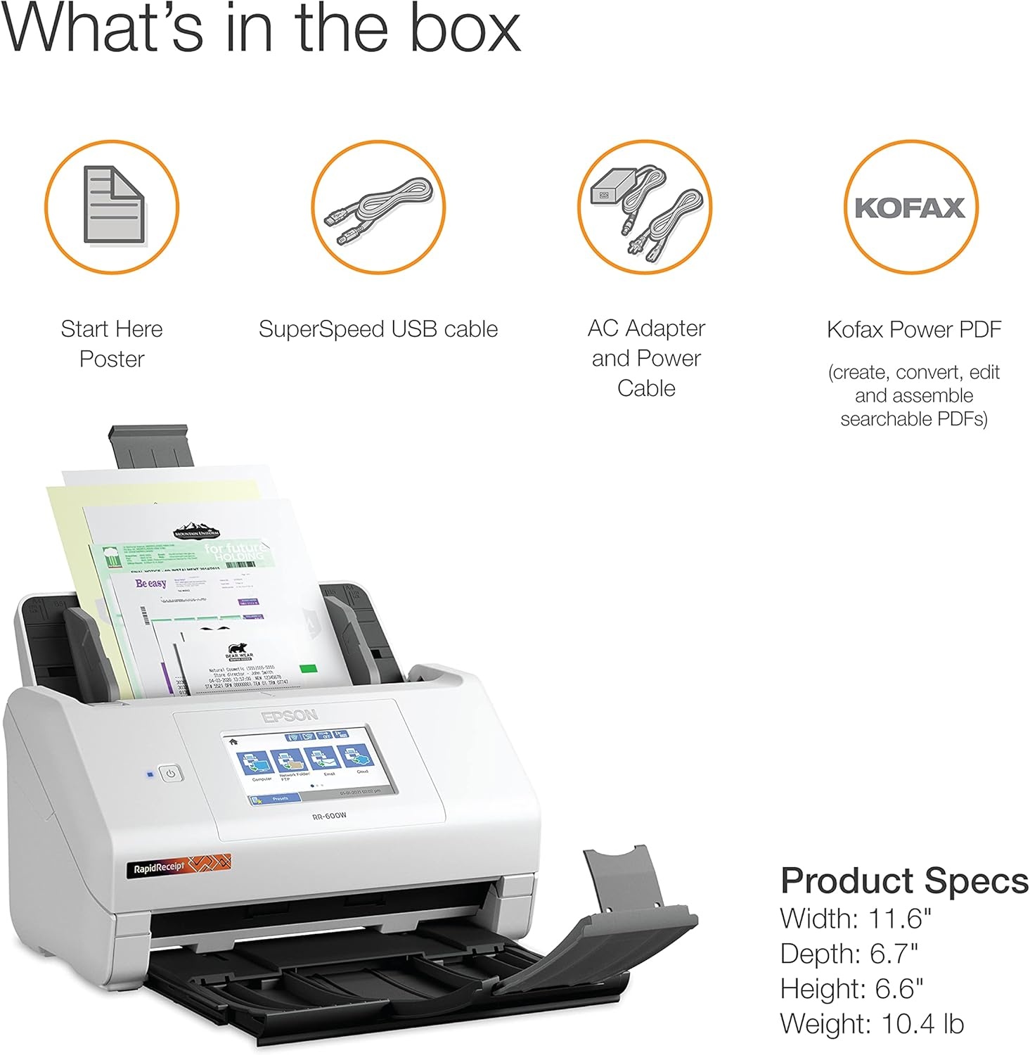 image:imageEpson RapidReceipt RR600W Wireless Desktop Color Duplex Receipt and Document Scanner with Receipt Management Software Touchscreen and Auto Document Feeder Full 1Year Limited Warranty Renewed