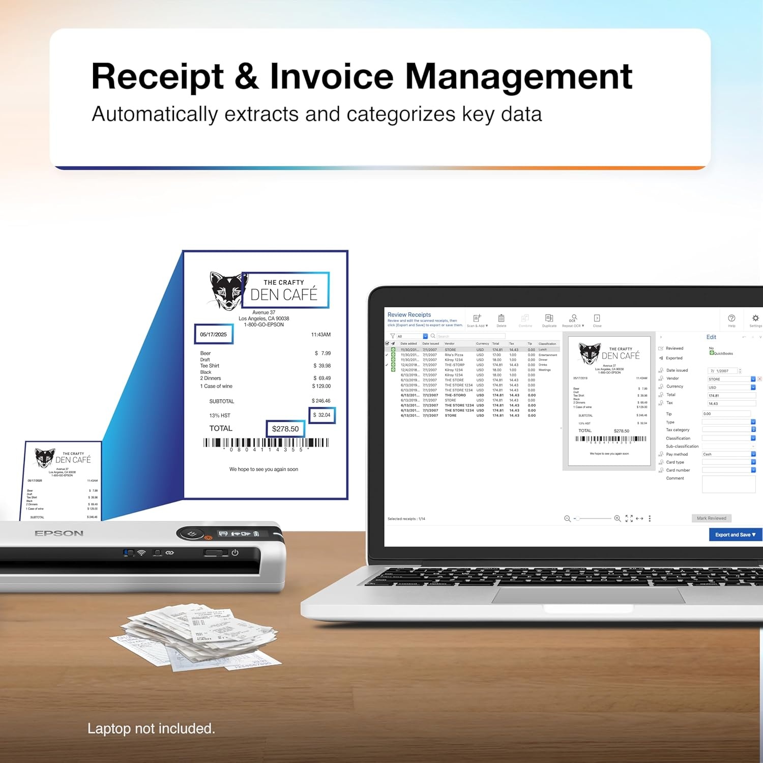 image:imageEpson RapidReceipt RR70W Wireless Mobile Tax Receipt and Color Document Scanner with Complimentary Data Management Software for PC and Mac
