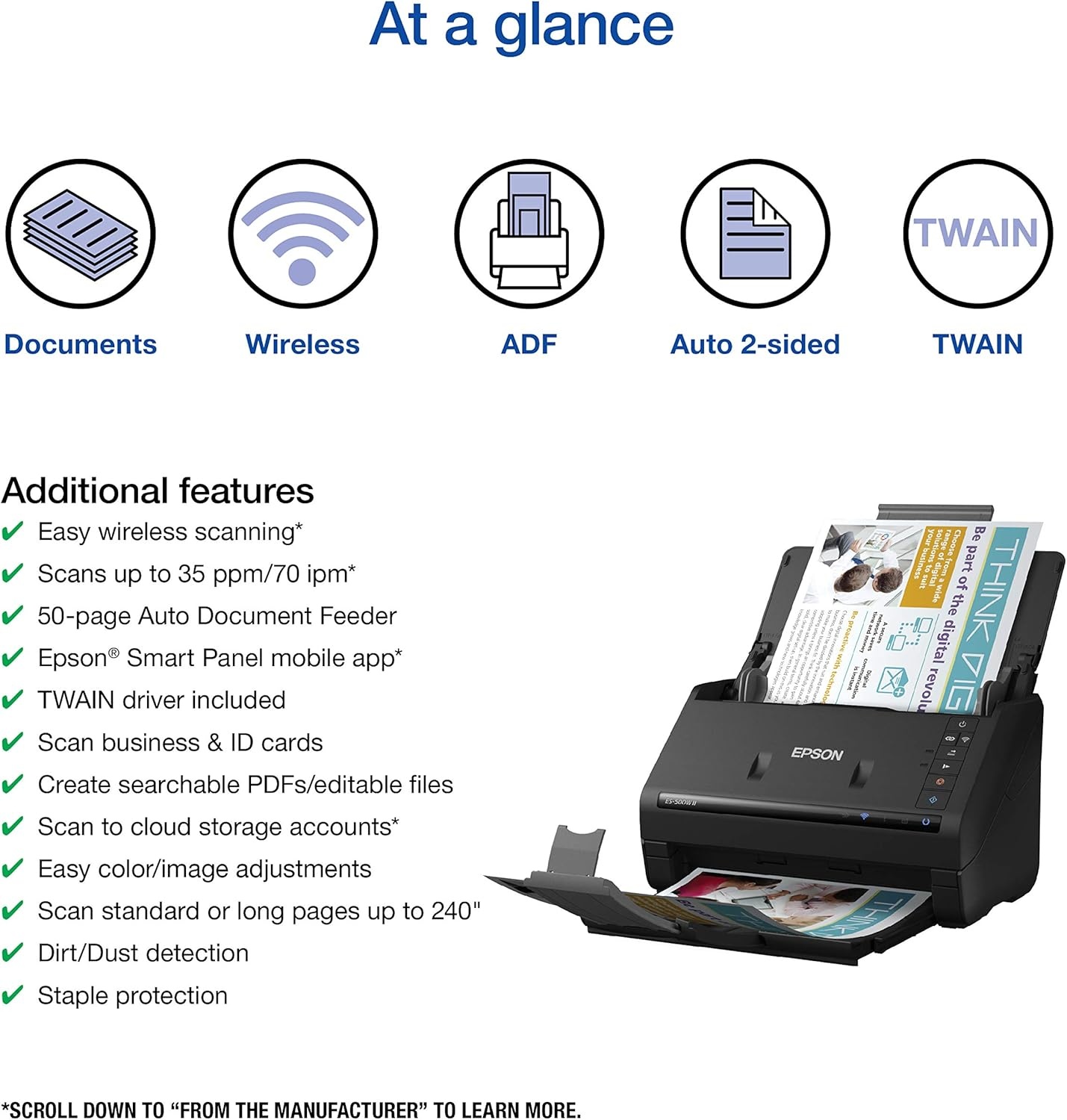 image:imageEpson Workforce ES500W II Wireless Color Duplex Desktop Document Scanner for PCand Mac with Auto Feeder ADF Scan from Smartphone or TabletES500W II New