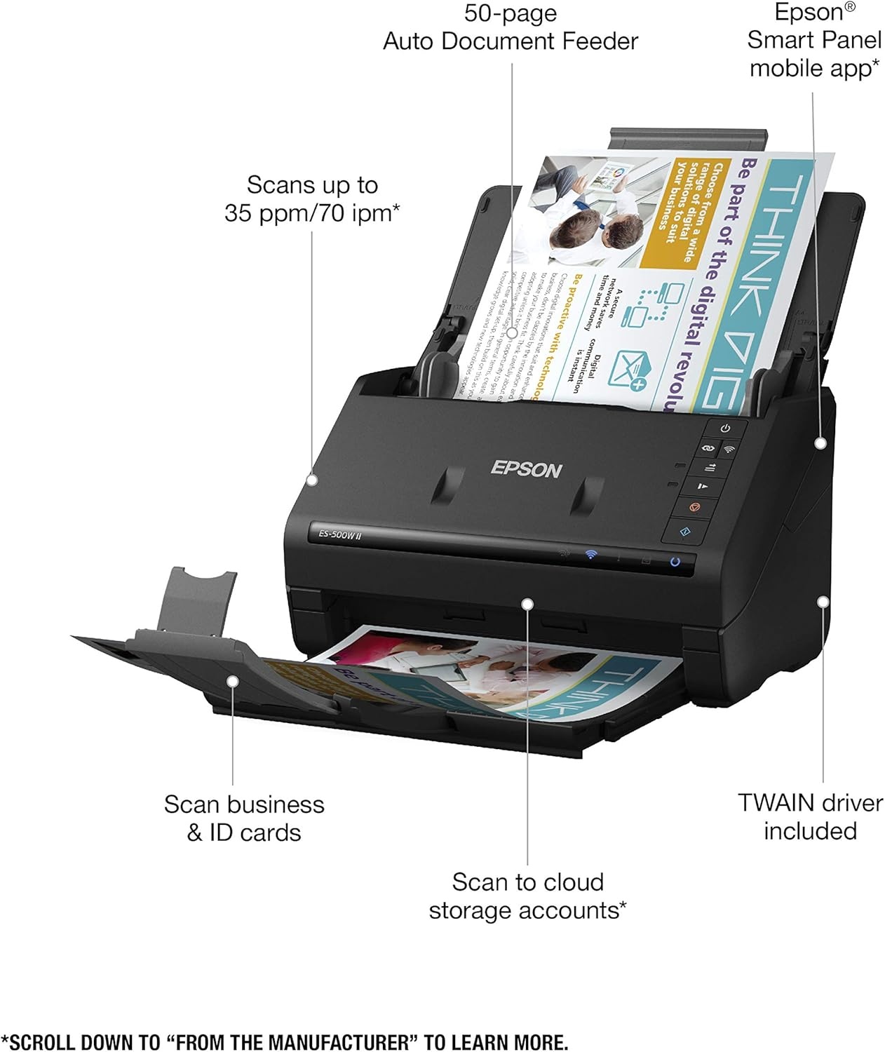 image:imageEpson Workforce ES500W II Wireless Color Duplex Desktop Document Scanner for PCand Mac with Auto Feeder ADF Scan from Smartphone or TabletES500W II New