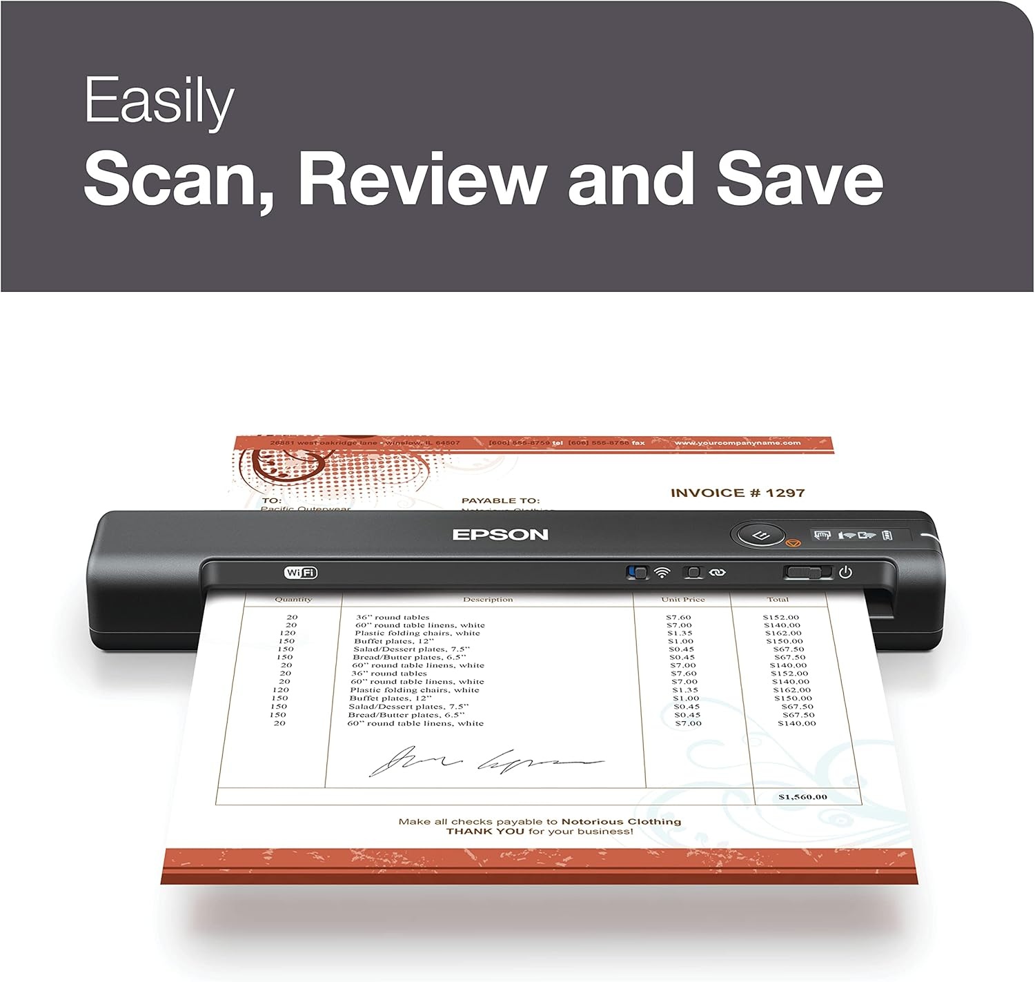 image:imageEpson Workforce ES60W Wireless Portable Sheetfed Document Scanner for PC and Mac 107 by 19 by 14