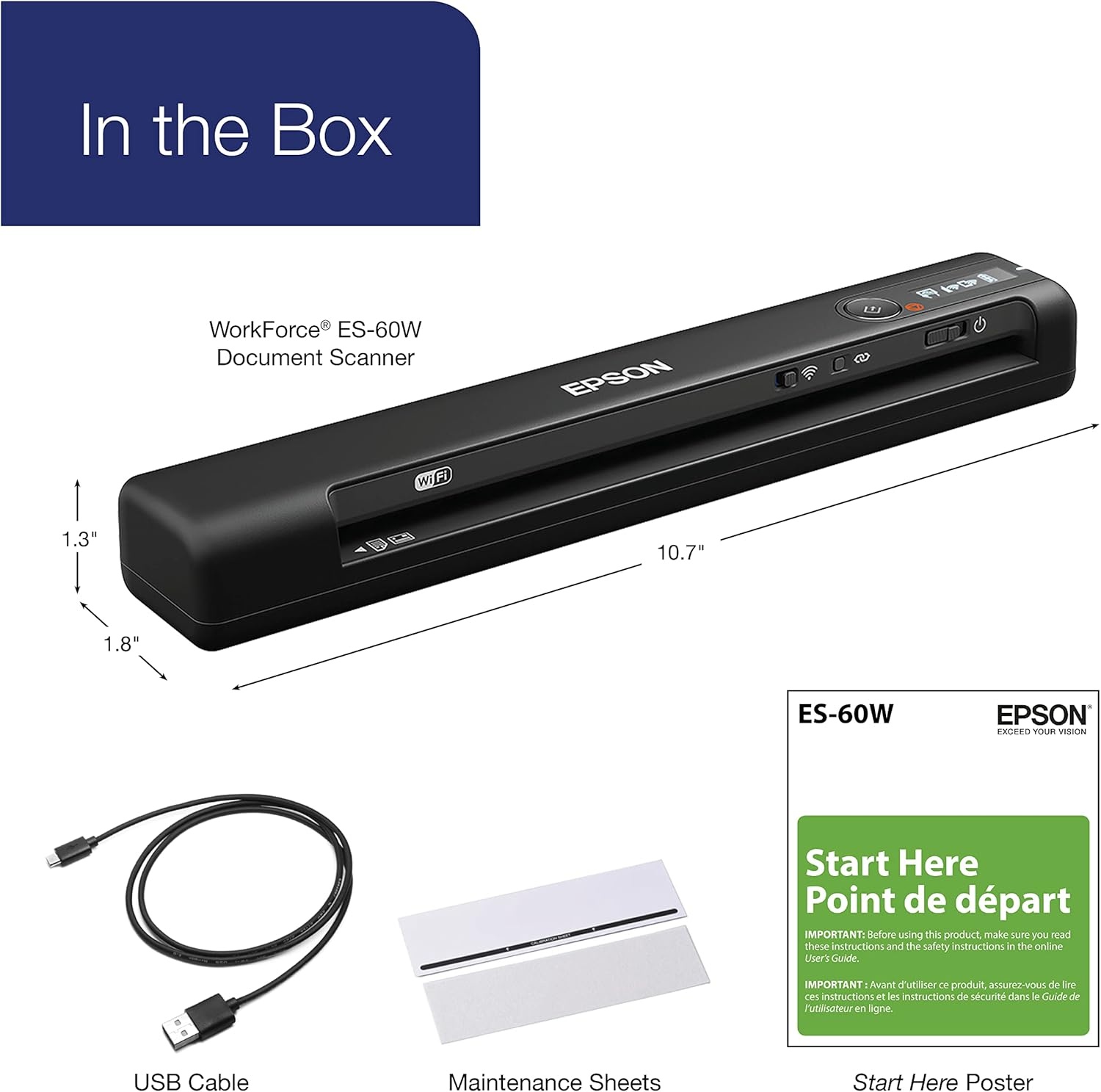 image:imageEpson Workforce ES60W Wireless Portable Sheetfed Document Scanner for PC and Mac 107 by 19 by 14