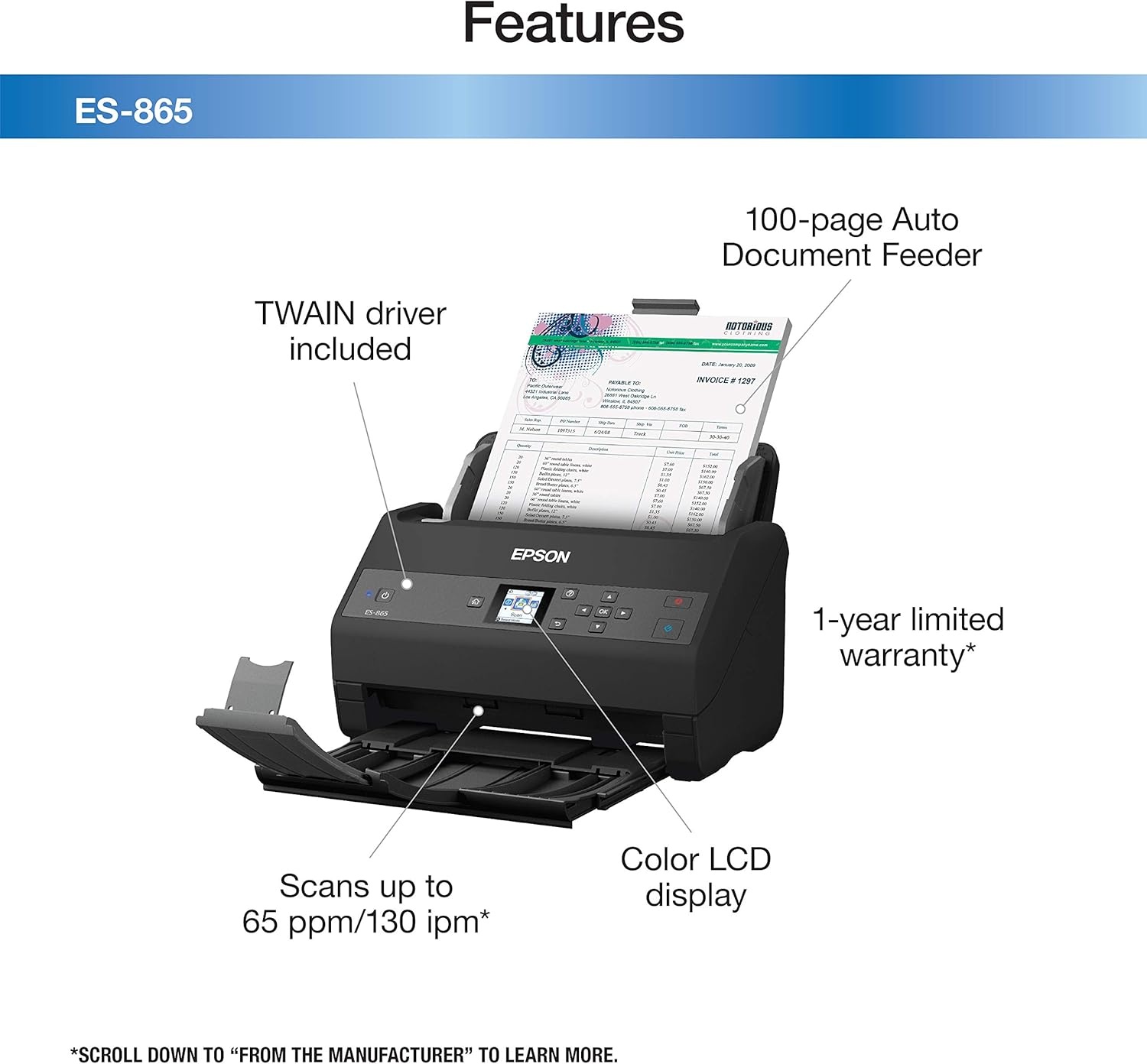 image:imageEpson Workforce ES865 High Speed Color Duplex Document Scanner with Twain DriverES865 New