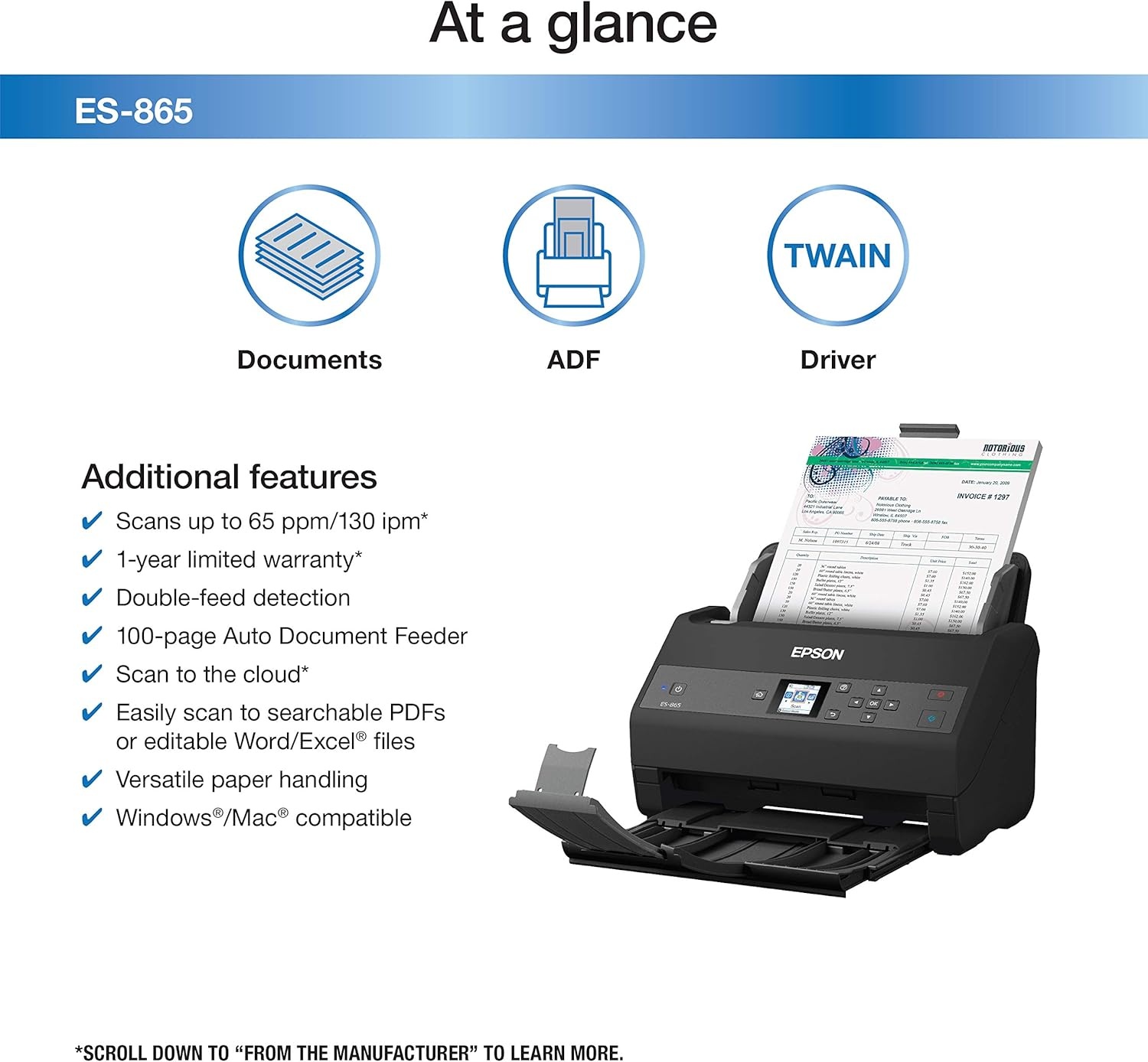 image:imageEpson Workforce ES865 High Speed Color Duplex Document Scanner with Twain DriverES865 New