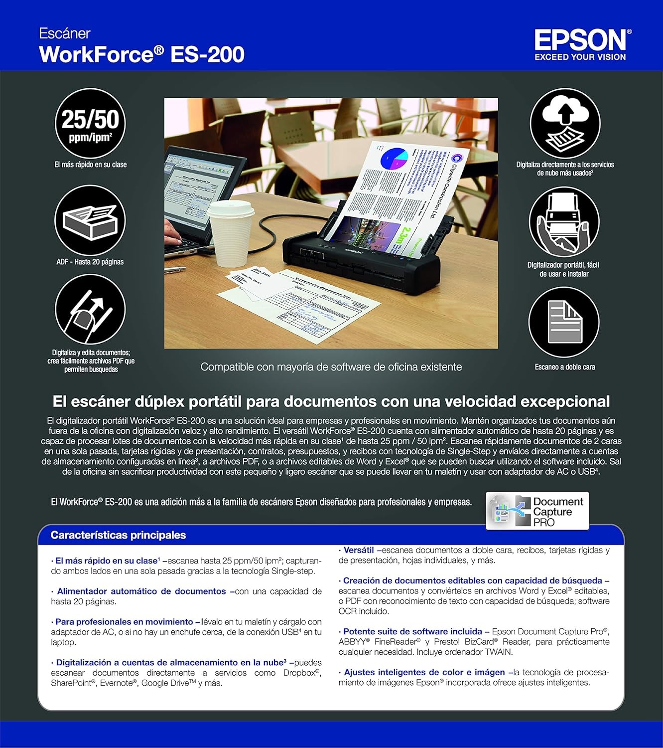 image:imageEpson Workforce ESC220 Compact Desktop Document Scanner 2Sided Scanning ADF for PC and MacES200
