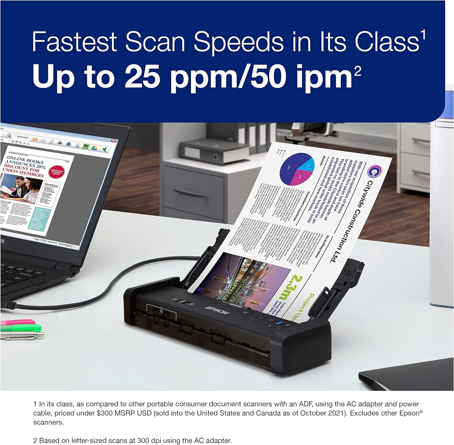 image:imageEpson Workforce ESC220 Compact Desktop Document Scanner 2Sided Scanning ADF for PC and MacES200