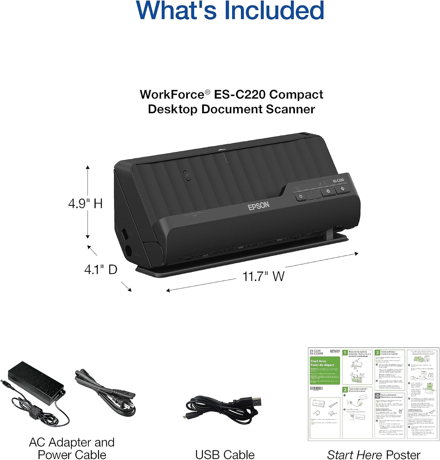 image:imageEpson Workforce ESC220 Compact Desktop Document Scanner 2Sided Scanning ADF for PC and MacESC220