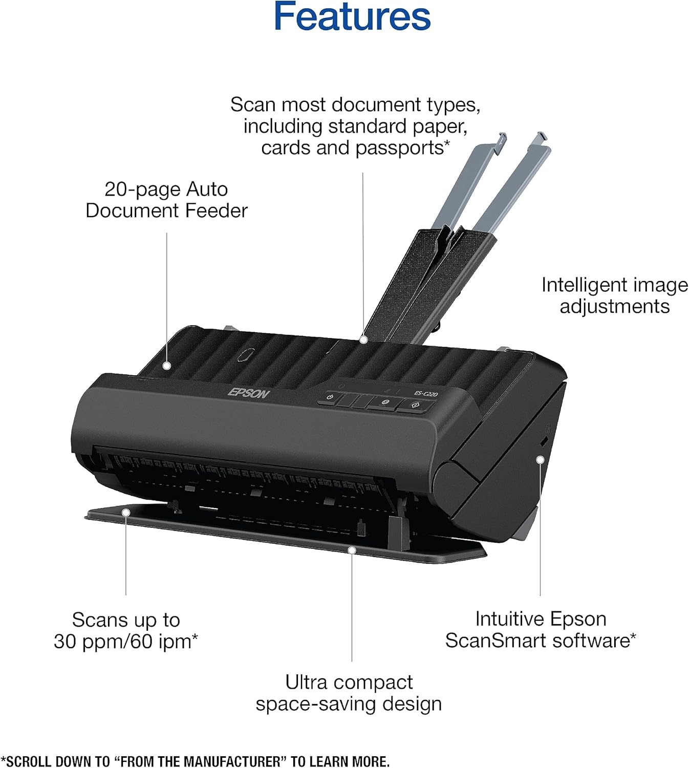 image:imageEpson Workforce ESC220 Compact Desktop Document Scanner 2Sided Scanning ADF for PC and MacESC220