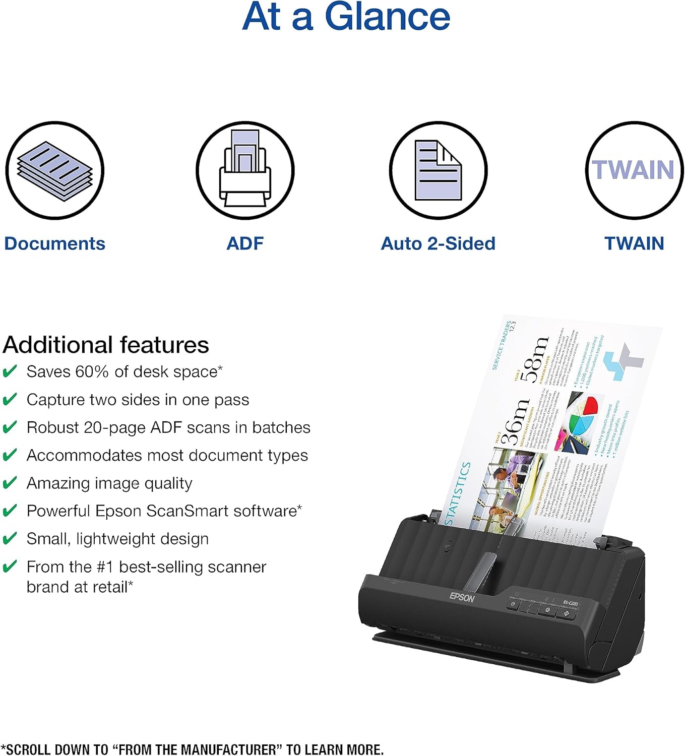 image:imageEpson Workforce ESC220 Compact Desktop Document Scanner 2Sided Scanning ADF for PC and MacESC220