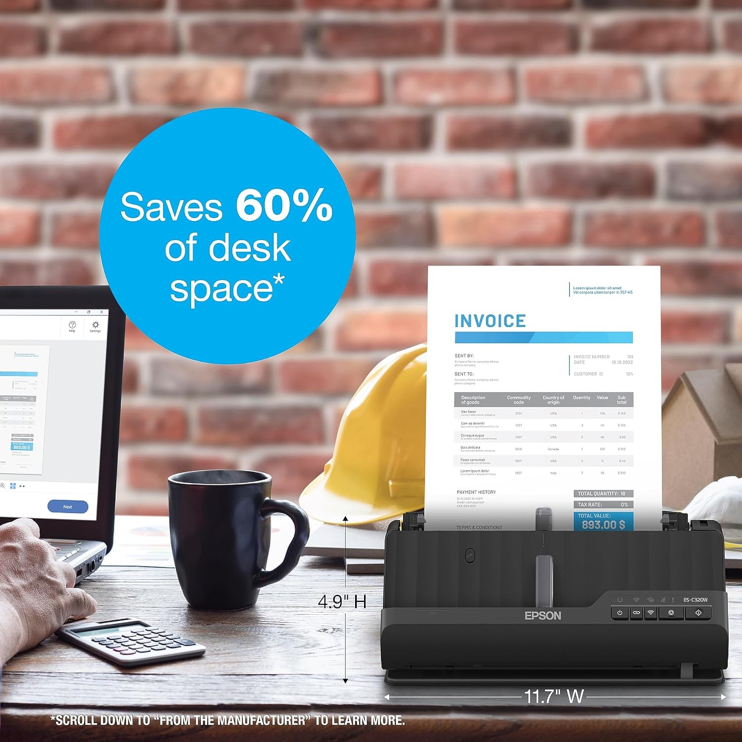 image:imageEpson Workforce ESC220 Compact Desktop Document Scanner 2Sided Scanning ADF for PC and MacESC320