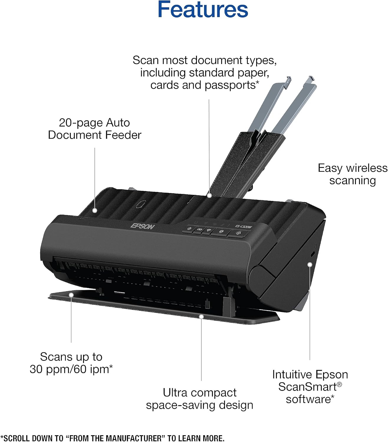 image:imageEpson Workforce ESC220 Compact Desktop Document Scanner 2Sided Scanning ADF for PC and MacESC320