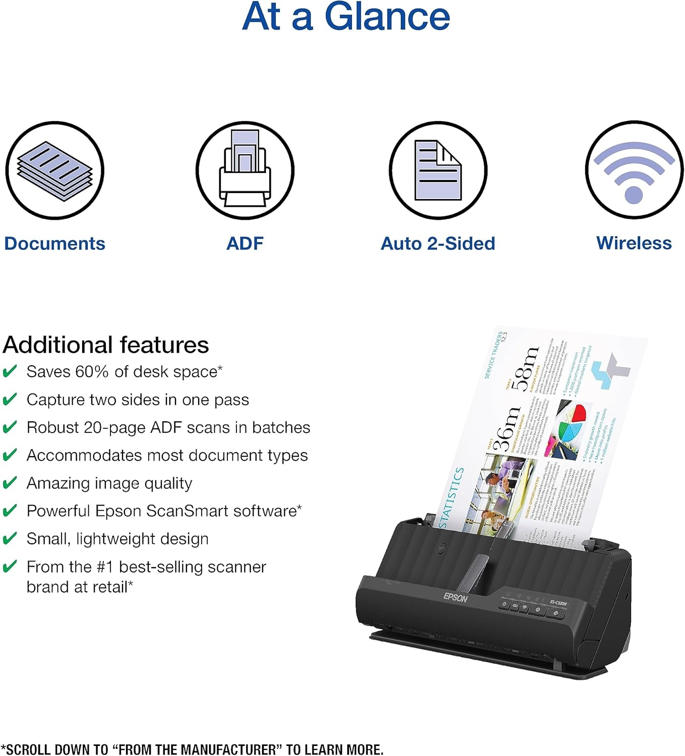image:imageEpson Workforce ESC220 Compact Desktop Document Scanner 2Sided Scanning ADF for PC and MacESC320