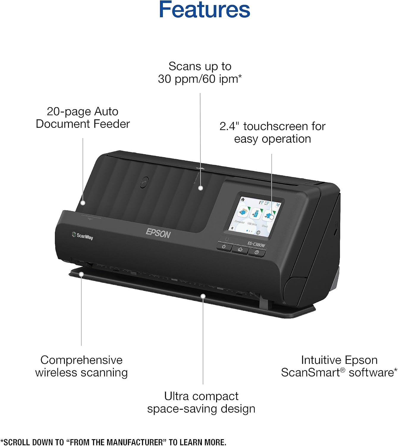 image:imageEpson Workforce ESC380W Wireless Compact Desktop Document Scanner with 2Sided Scanning and Auto Document Feeder ADF for PC and Mac