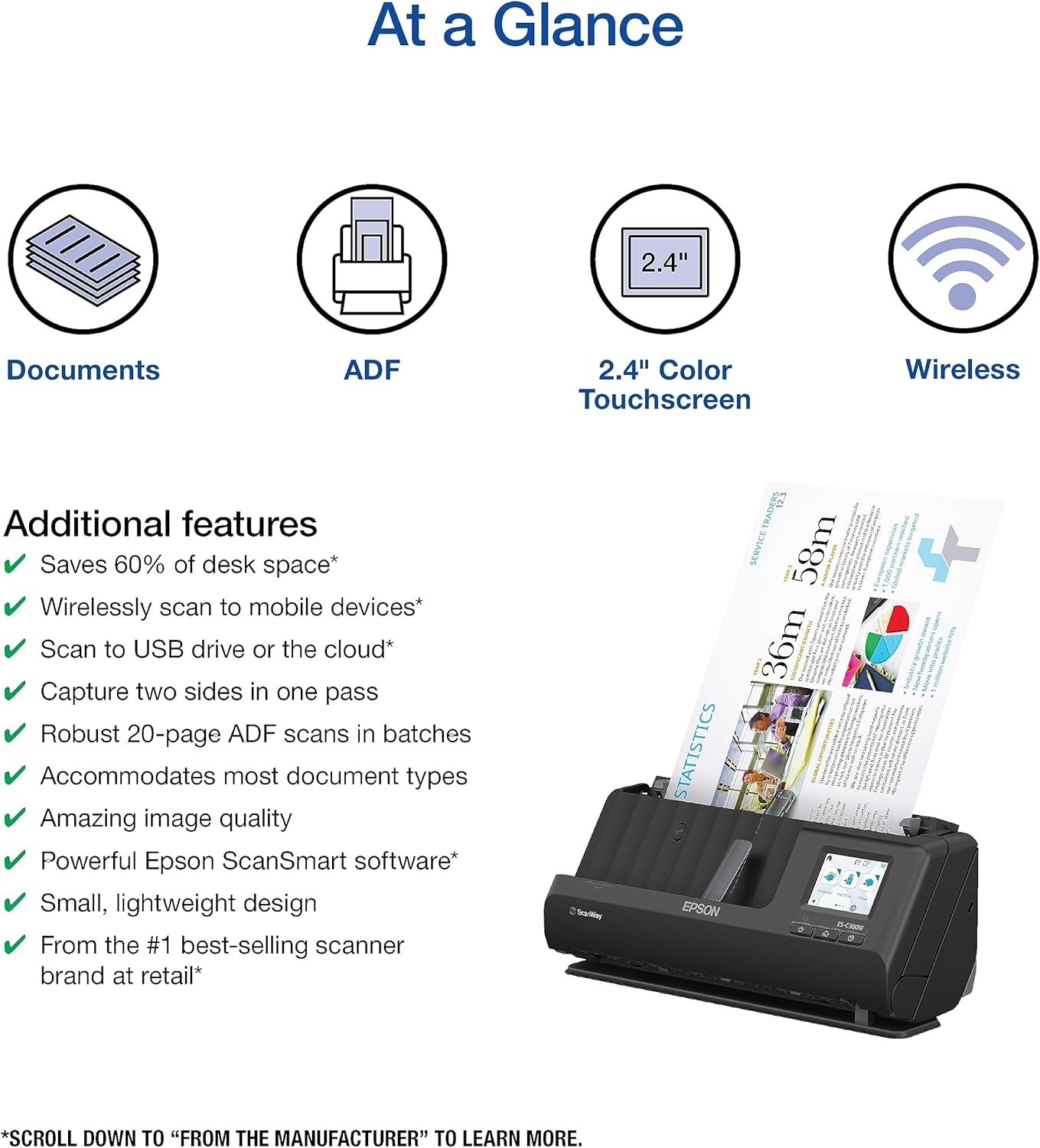 image:imageEpson Workforce ESC380W Wireless Compact Desktop Document Scanner with 2Sided Scanning and Auto Document Feeder ADF for PC and Mac