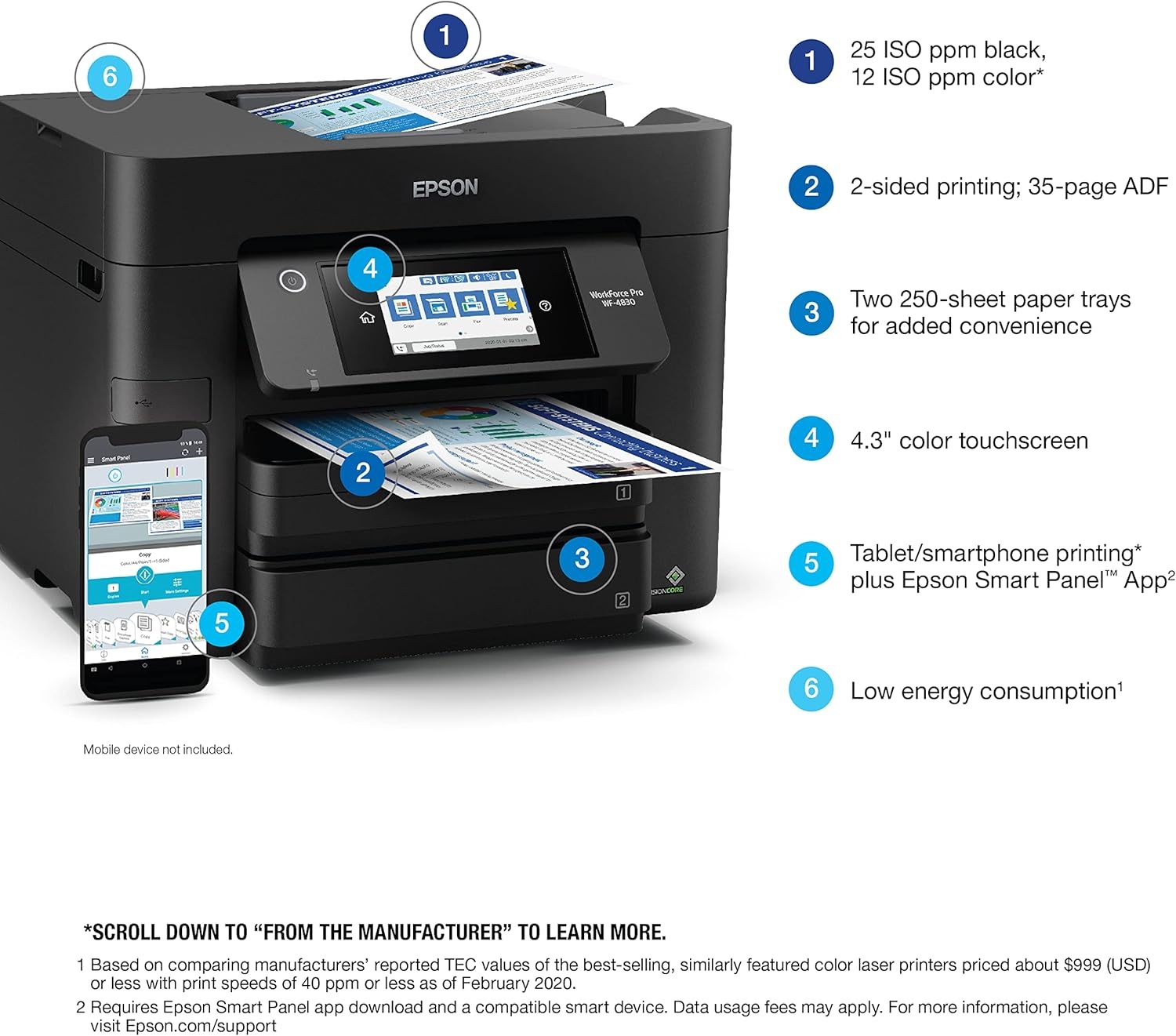 image:imageEpson Workforce Pro WF4830 Wireless AllinOne Printer Auto 2Sided Print Copy ScanFax 50Page ADF 500sheet Paper Capacity and 43 Color Touchscreen Works with Alexa BlackWF4830