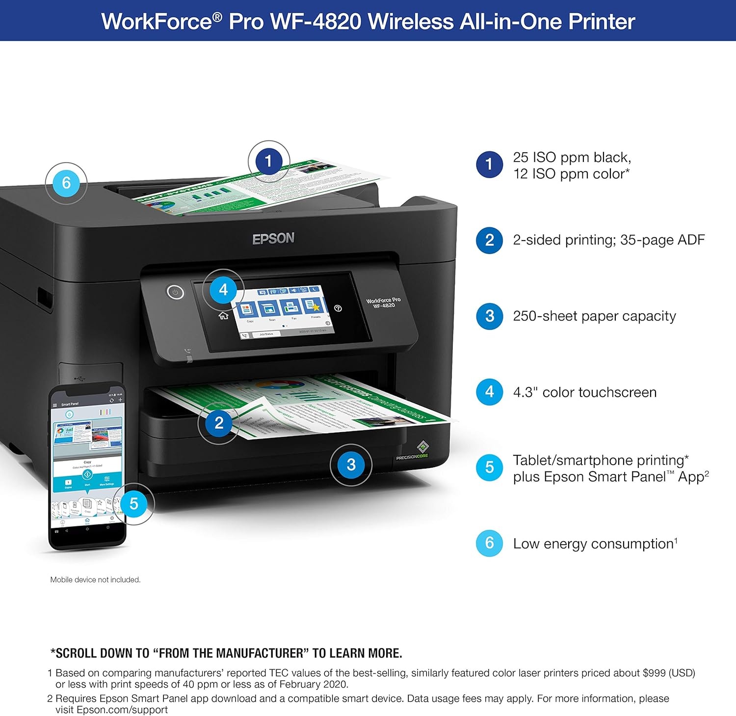image:imageEpson Workforce Pro WF4830 Wireless AllinOne Printer Auto 2Sided Print Copy ScanFax 50Page ADF 500sheet Paper Capacity and 43 Color Touchscreen Works with Alexa BlackWF4820