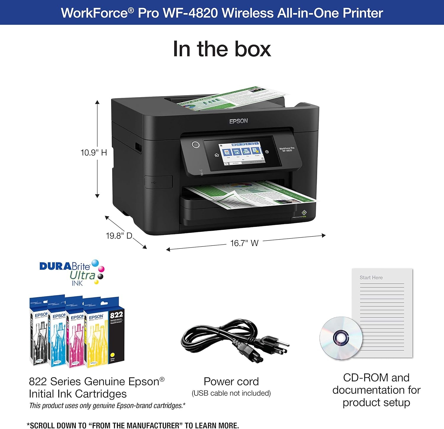 image:imageEpson Workforce Pro WF4830 Wireless AllinOne Printer Auto 2Sided Print Copy ScanFax 50Page ADF 500sheet Paper Capacity and 43 Color Touchscreen Works with Alexa BlackWF4820