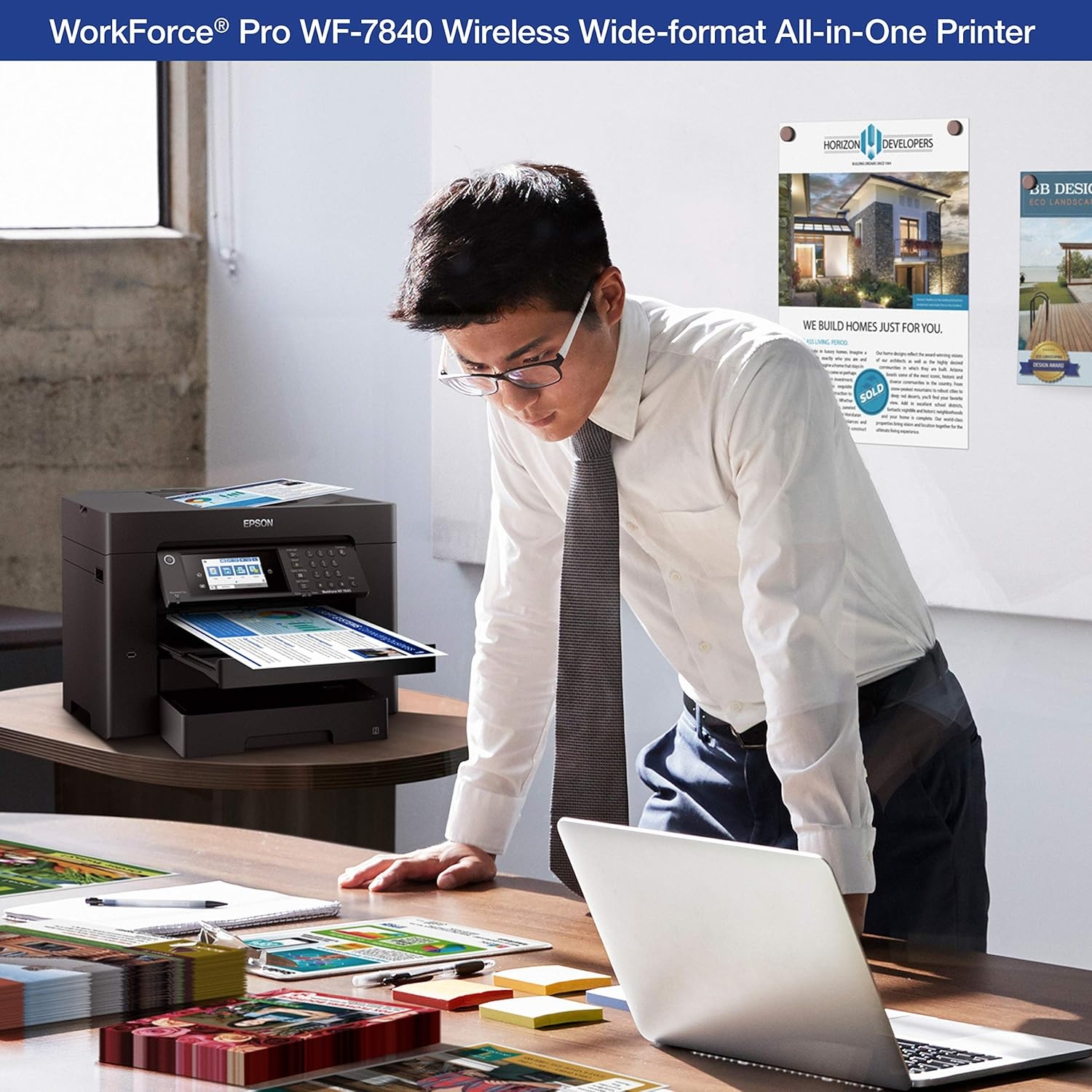 image:imageEpson Workforce Pro WF7840 Wireless AllinOne WideFormat Printer with Auto 2Sided Print up to 13 x 19 Copy Scan and Fax 50Page ADF 500sheet Paper Capacity 43 ScreenWF7840