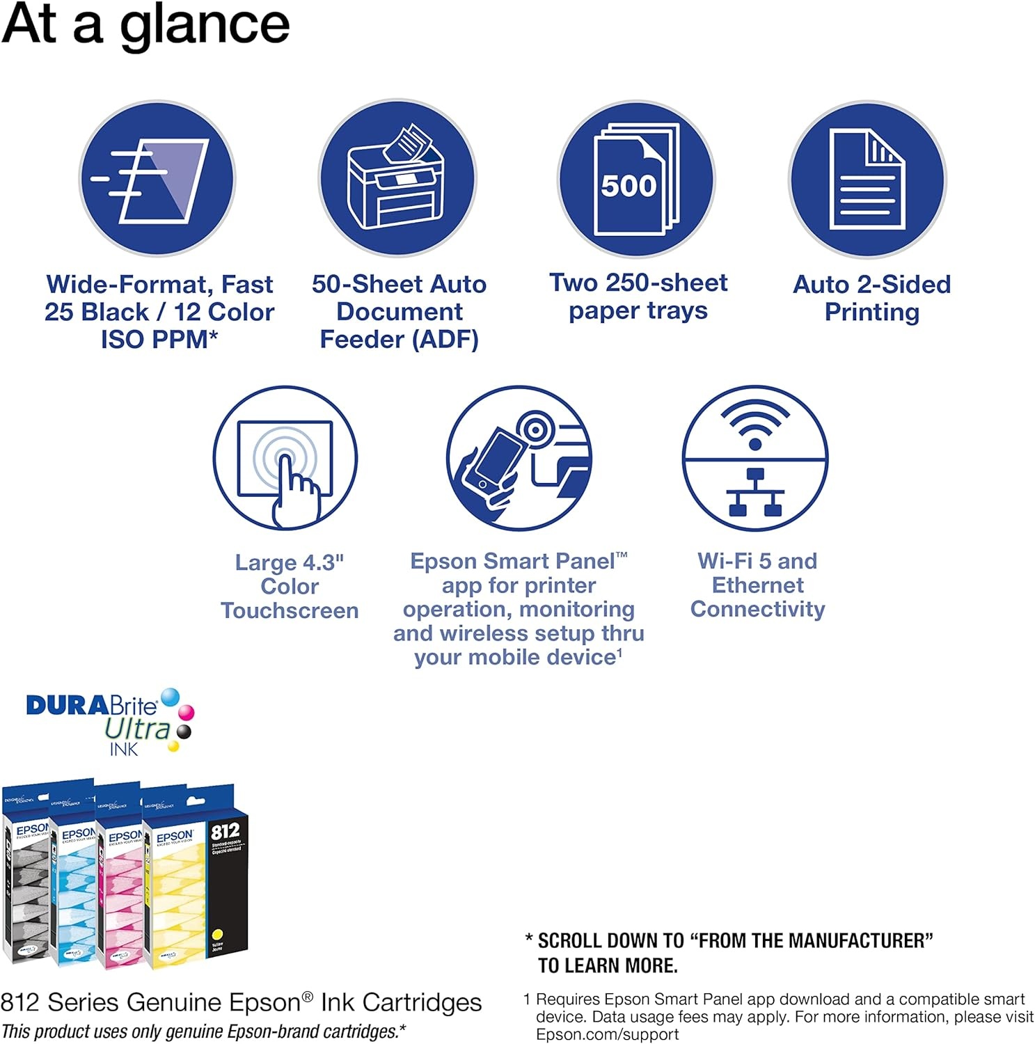 image:imageEpson Workforce Pro WF7840 Wireless AllinOne WideFormat Printer with Auto 2Sided Print up to 13 x 19 Copy Scan and Fax 50Page ADF 500sheet Paper Capacity 43 ScreenWF7840 Renewed