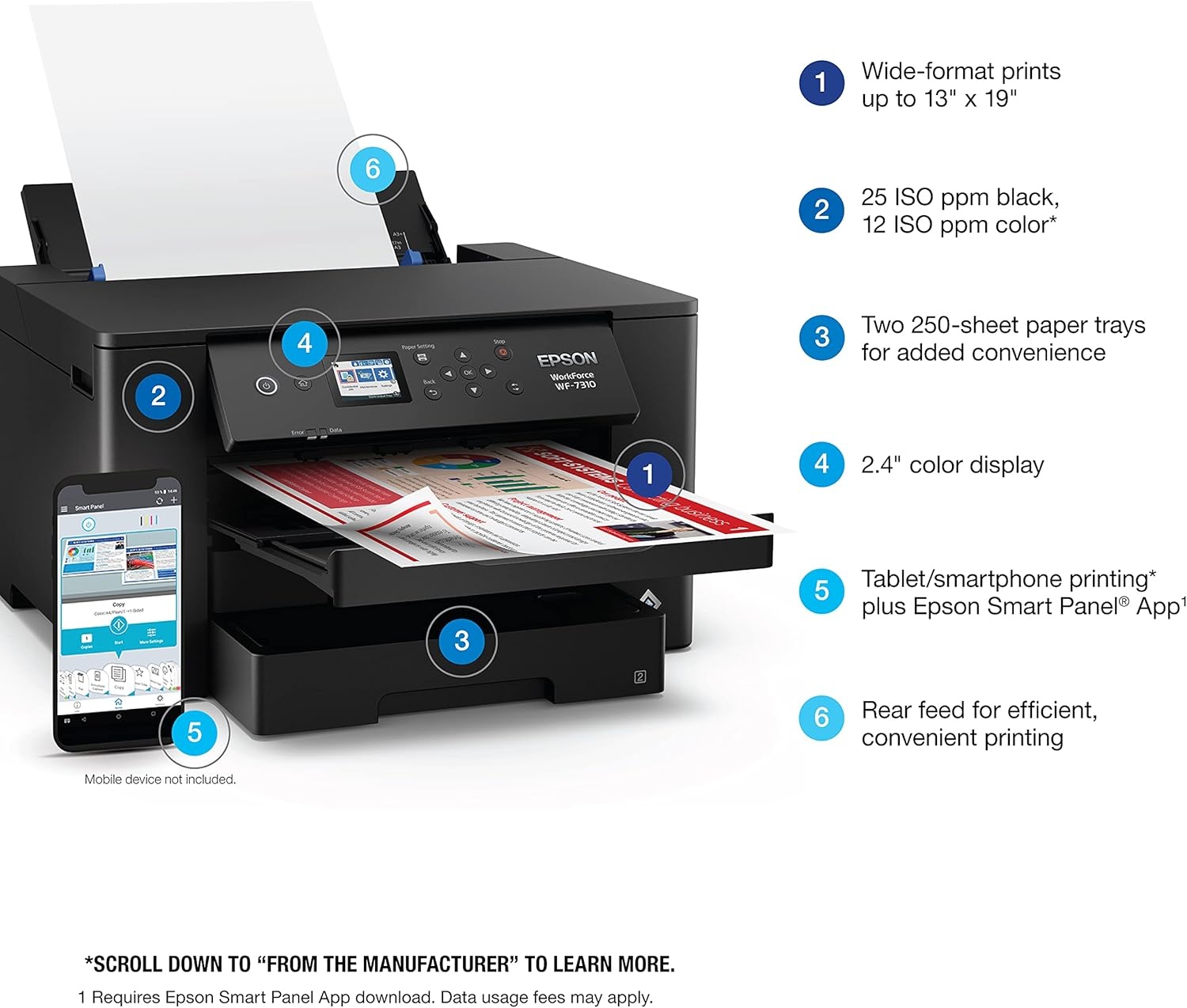 image:imageEpson Workforce Pro WF7840 Wireless AllinOne WideFormat Printer with Auto 2Sided Print up to 13 x 19 Copy Scan and Fax 50Page ADF 500sheet Paper Capacity 43 ScreenWF7310