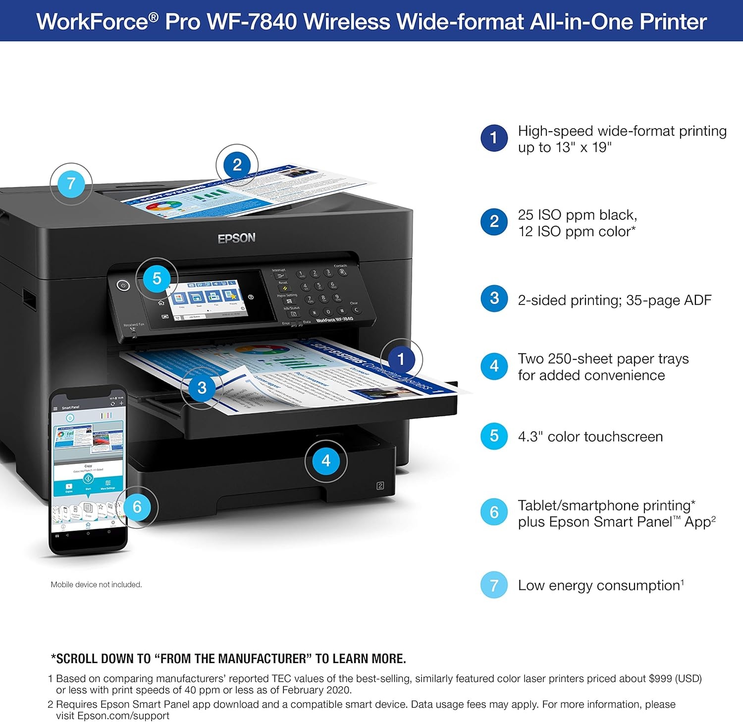 image:imageEpson Workforce Pro WF7840 Wireless AllinOne WideFormat Printer with Auto 2Sided Print up to 13 x 19 Copy Scan and Fax 50Page ADF 500sheet Paper Capacity 43 ScreenWF7840