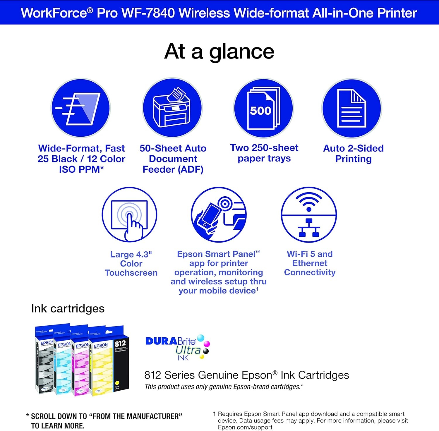 image:imageEpson Workforce Pro WF7840 Wireless AllinOne WideFormat Printer with Auto 2Sided Print up to 13 x 19 Copy Scan and Fax 50Page ADF 500sheet Paper Capacity 43 ScreenWF7840