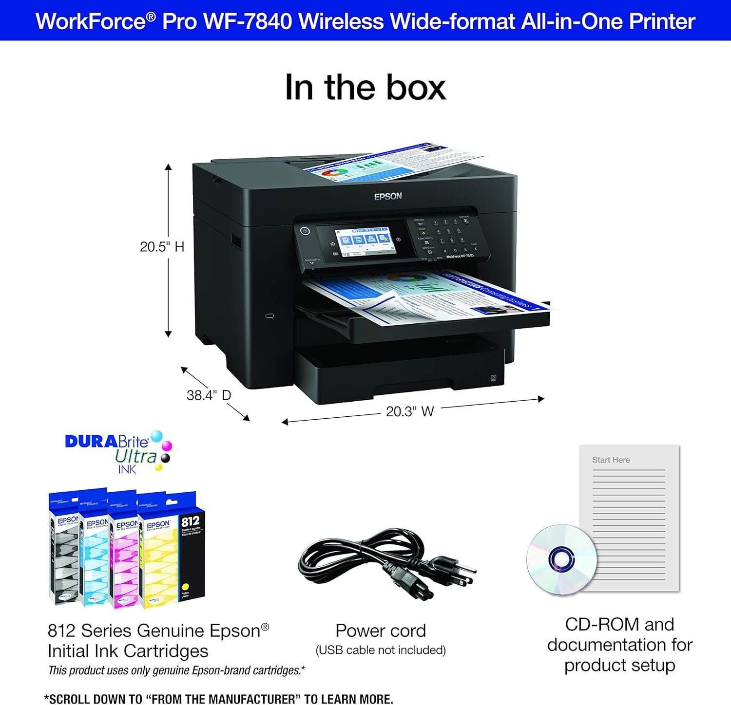 image:imageEpson Workforce Pro WF7840 Wireless AllinOne WideFormat Printer with Auto 2Sided Print up to 13 x 19 Copy Scan and Fax 50Page ADF 500sheet Paper Capacity 43 ScreenWF7840