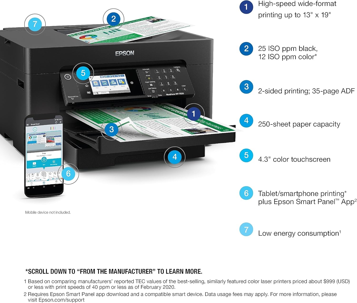 image:imageEpson Workforce Pro WF7840 Wireless AllinOne WideFormat Printer with Auto 2Sided Print up to 13 x 19 Copy Scan and Fax 50Page ADF 500sheet Paper Capacity 43 ScreenWF7820 Renewed