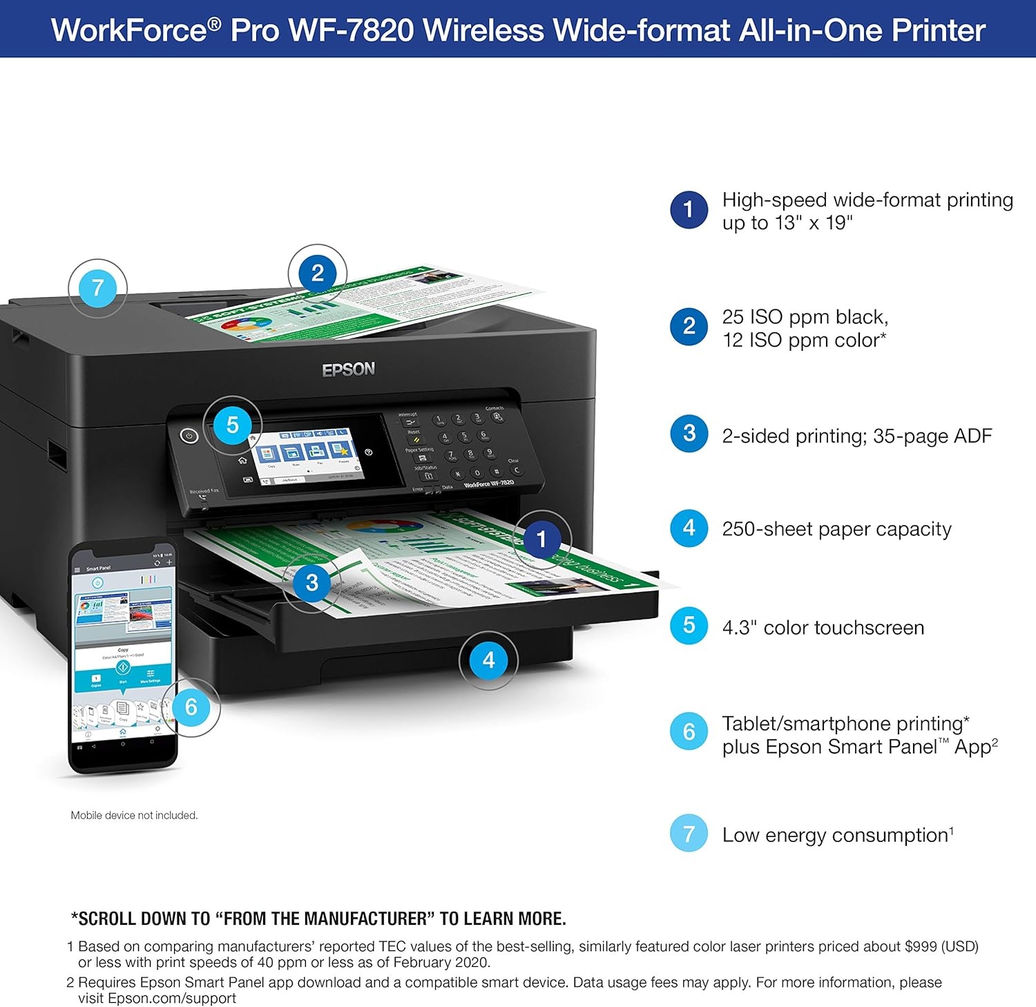 image:imageEpson Workforce Pro WF7840 Wireless AllinOne WideFormat Printer with Auto 2Sided Print up to 13 x 19 Copy Scan and Fax 50Page ADF 500sheet Paper Capacity 43 ScreenWF7820