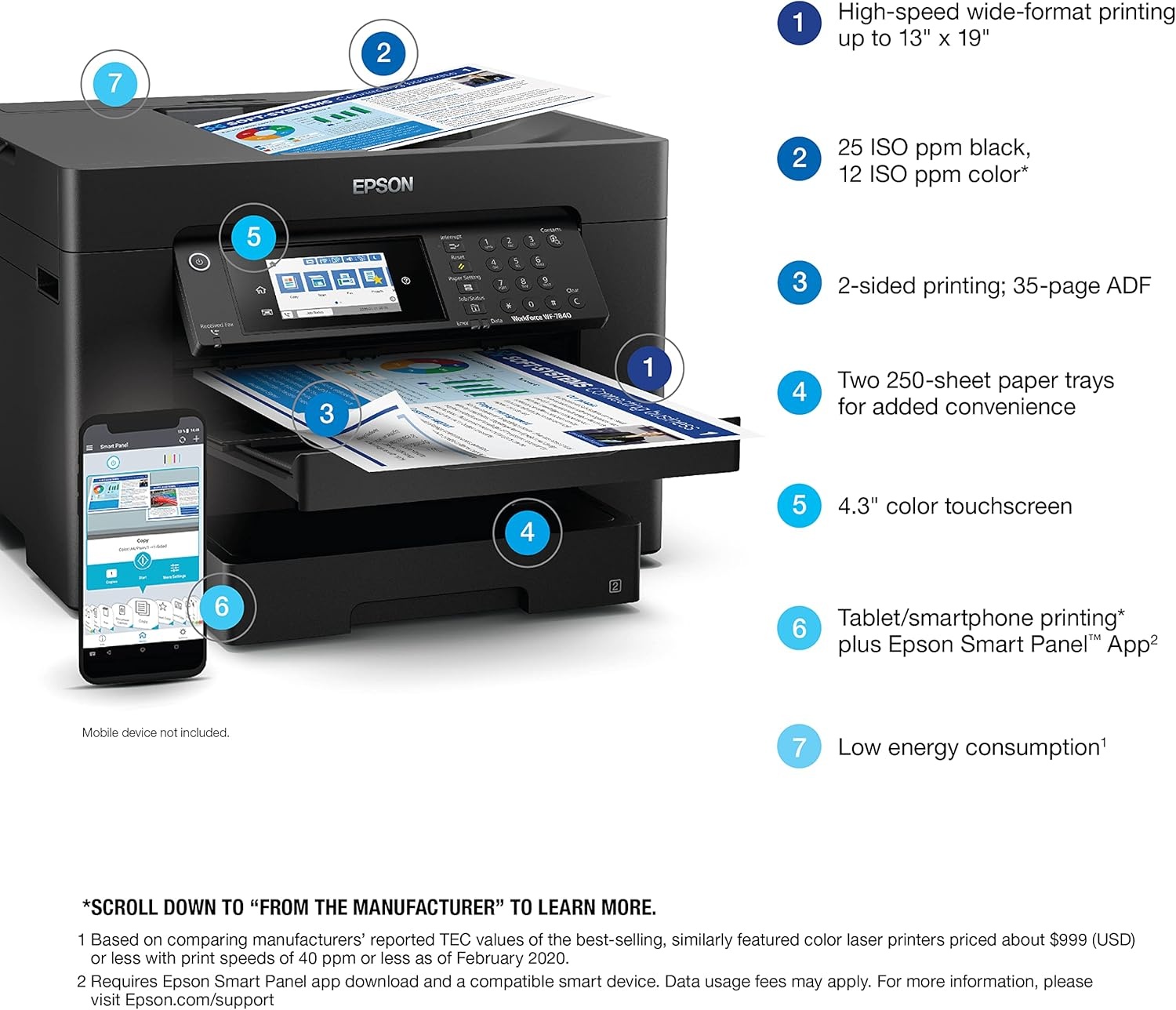 image:imageEpson Workforce Pro WF7840 Wireless AllinOne WideFormat Printer with Auto 2Sided Print up to 13 x 19 Copy Scan and Fax 50Page ADF 500sheet Paper Capacity 43 ScreenWF7840 Renewed