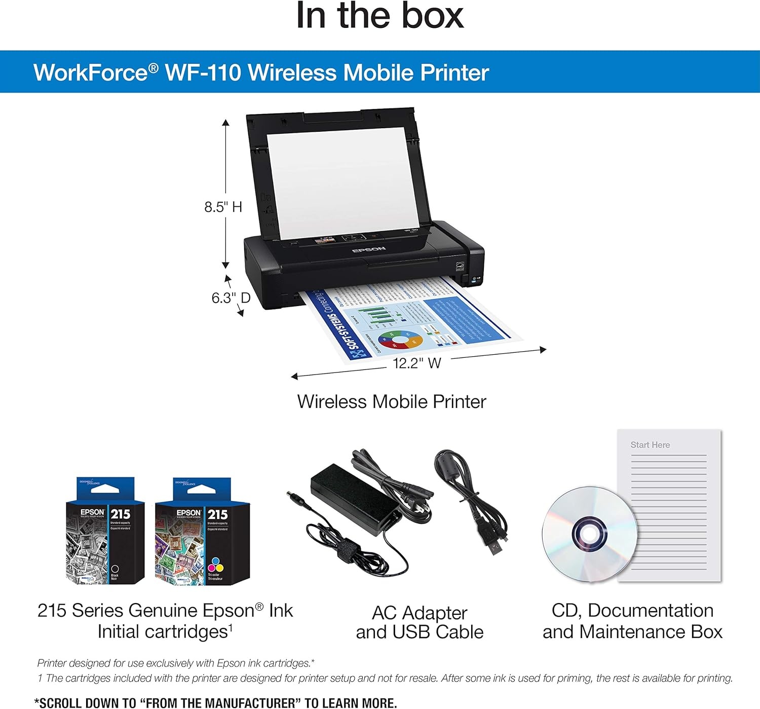image:imageEpson Workforce WF110 Wireless Color Mobile PrinterWhite SmallBlackPrinter WF110