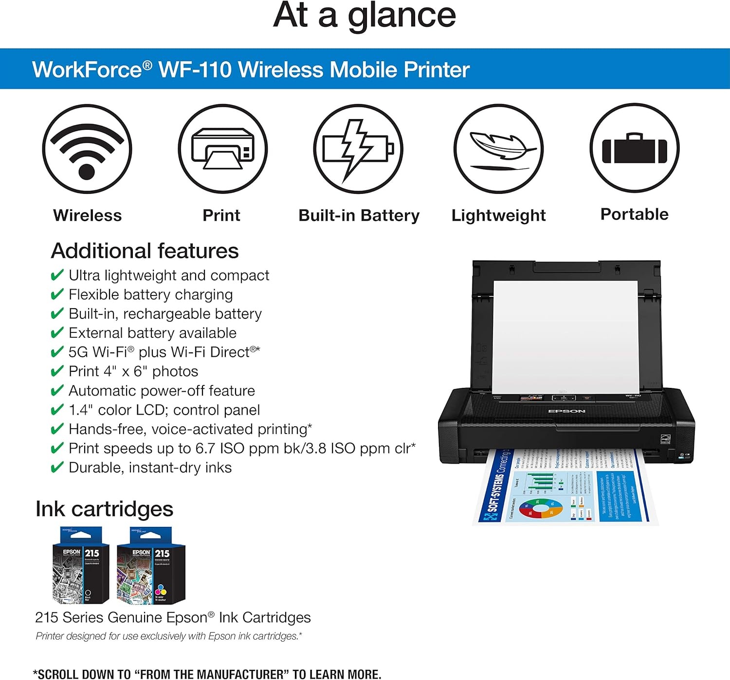 image:imageEpson Workforce WF110 Wireless Color Mobile PrinterWhite SmallBlackPrinter WF110