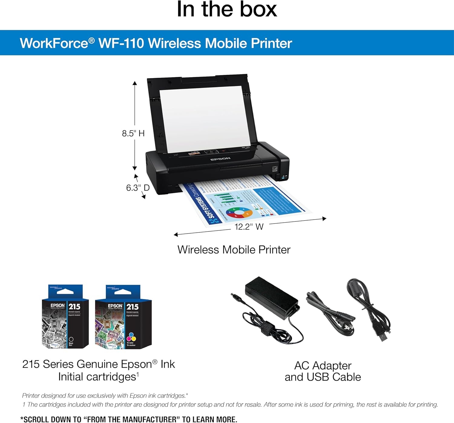image:imageEpson Workforce WF110 Wireless Color Mobile PrinterWhite SmallBlackPrinter WF110