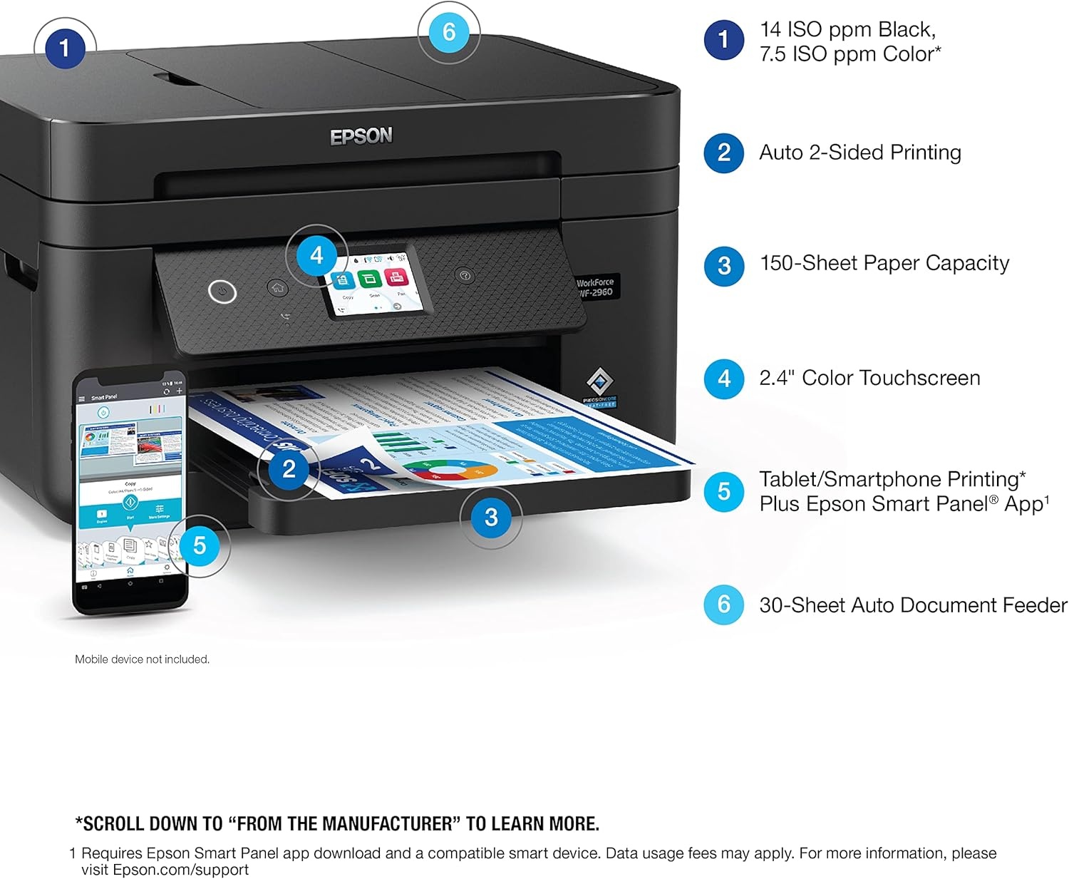 image:imageEpson Workforce WF2950 Wireless AllinOne Printer with Scan Copy Fax Auto Document Feeder Automatic 2Sided Printing and 24 Color DisplayPrinter