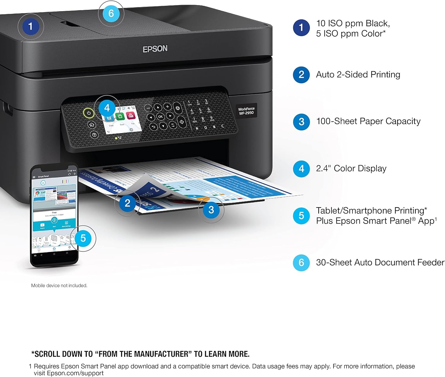 image:imageEpson Workforce WF2950 Wireless AllinOne Printer with Scan Copy Fax Auto Document Feeder Automatic 2Sided Printing and 24 Color DisplayPrinter