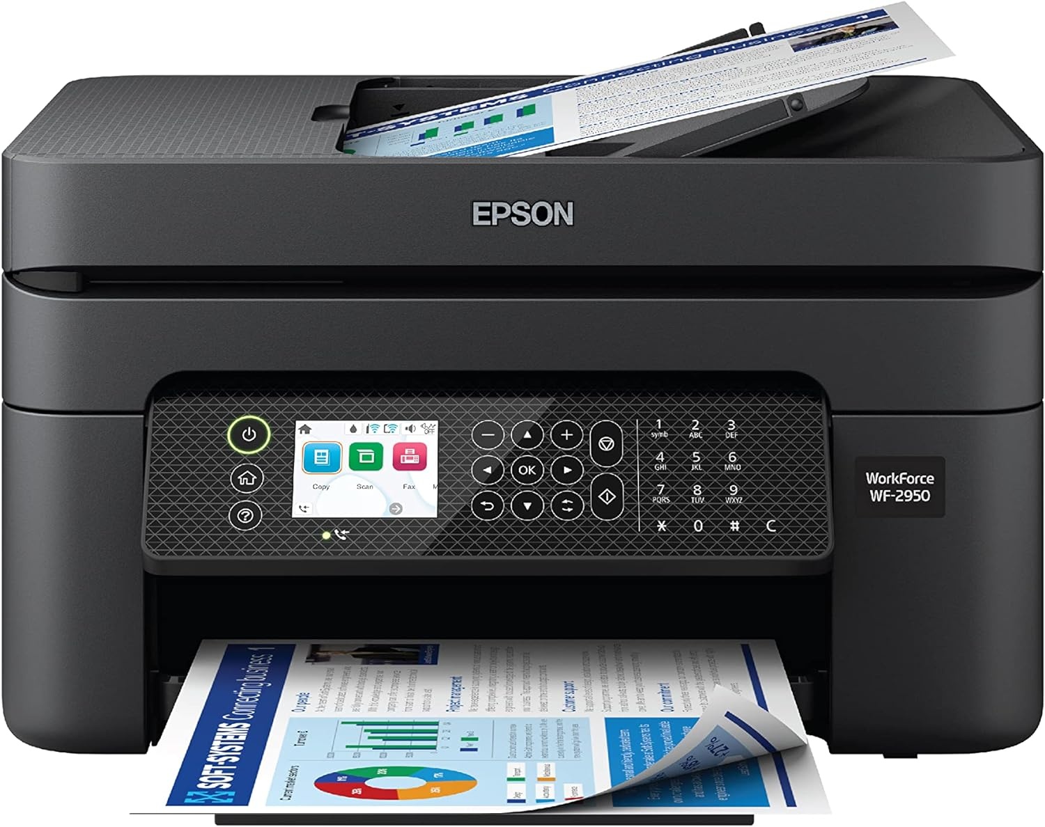 image:imageEpson Workforce WF2950 Wireless AllinOne Printer with Scan Copy Fax Auto Document Feeder Automatic 2Sided Printing and 24 Color DisplayPrinter