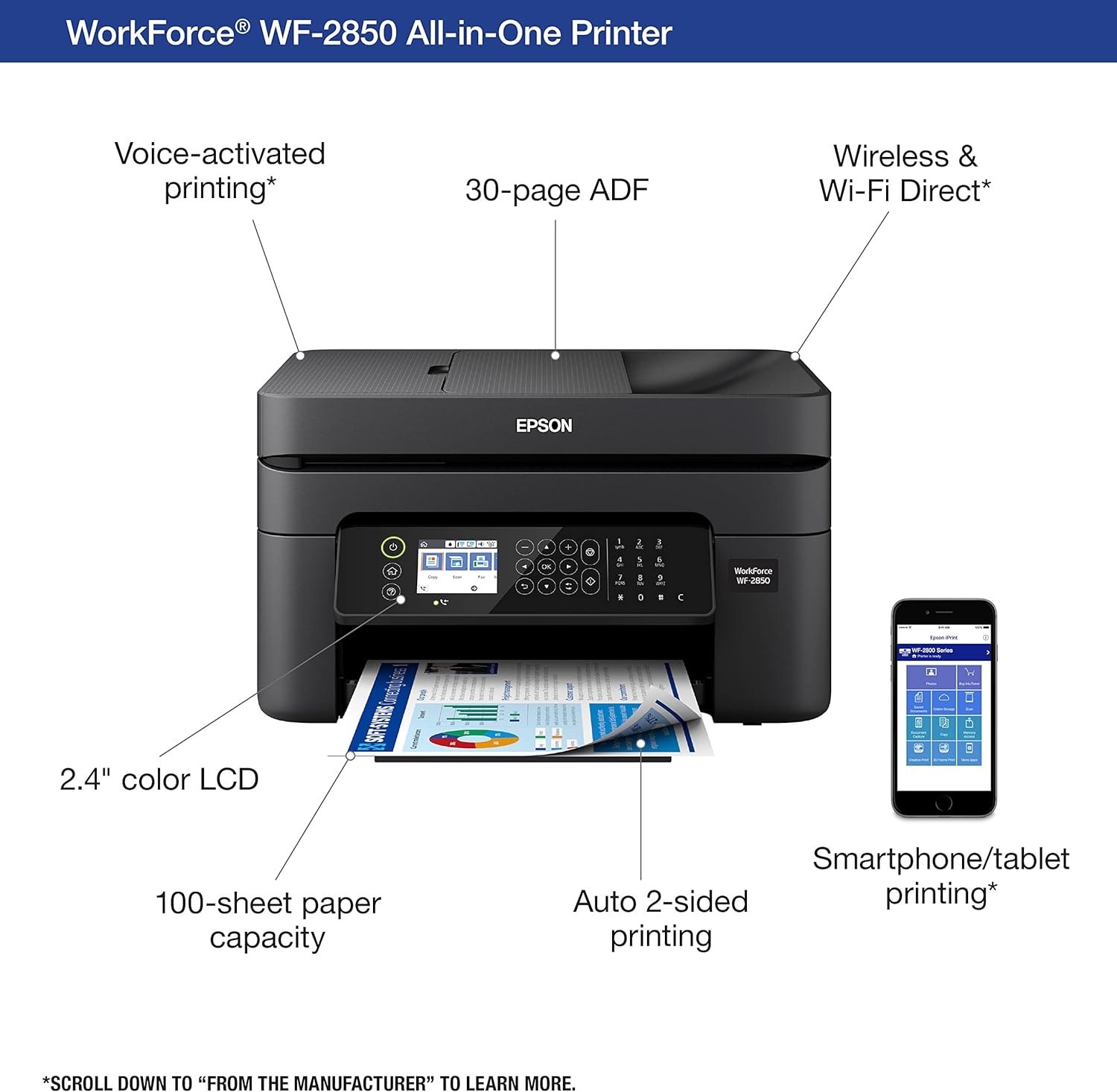 image:imageEpson Workforce WF2950 Wireless AllinOne Printer with Scan Copy Fax Auto Document Feeder Automatic 2Sided Printing and 24 Color DisplayPrinter