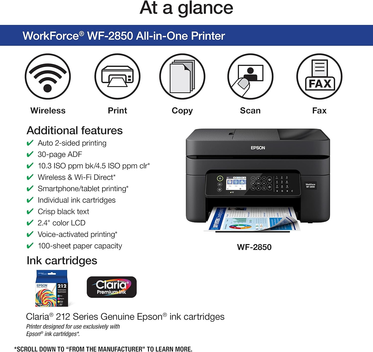 image:imageEpson Workforce WF2950 Wireless AllinOne Printer with Scan Copy Fax Auto Document Feeder Automatic 2Sided Printing and 24 Color DisplayPrinter