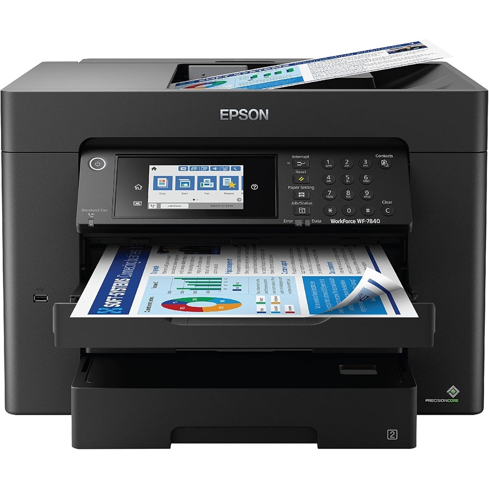 image:imageEpson Workforce Pro WF7840 Wireless AllinOne WideFormat Printer with Auto 2Sided Print up to 13 x 19 Copy Scan and Fax 50Page ADF 500sheet Paper Capacity 43 ScreenWF7840 Renewed