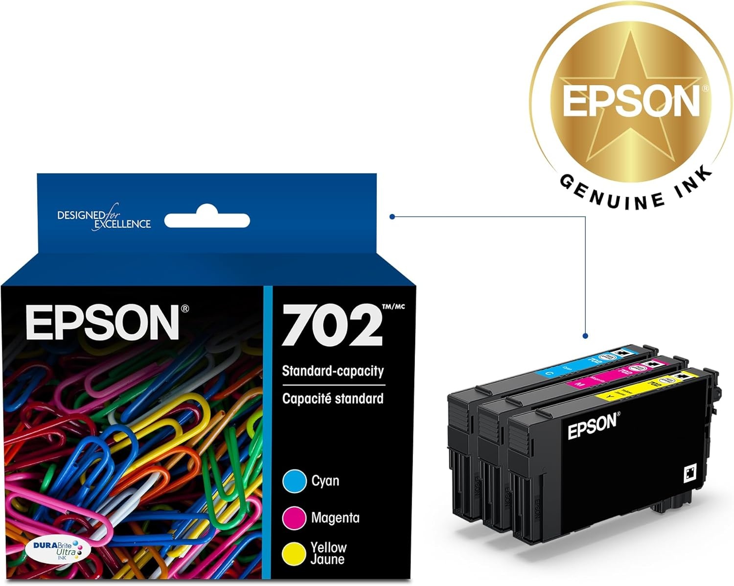 image:imageEPSON 702 DURABrite Ultra Ink Standard Capacity Color Combo Pack T702520S Works with WorkForce Pro WF3720 3730 3733MultiPack