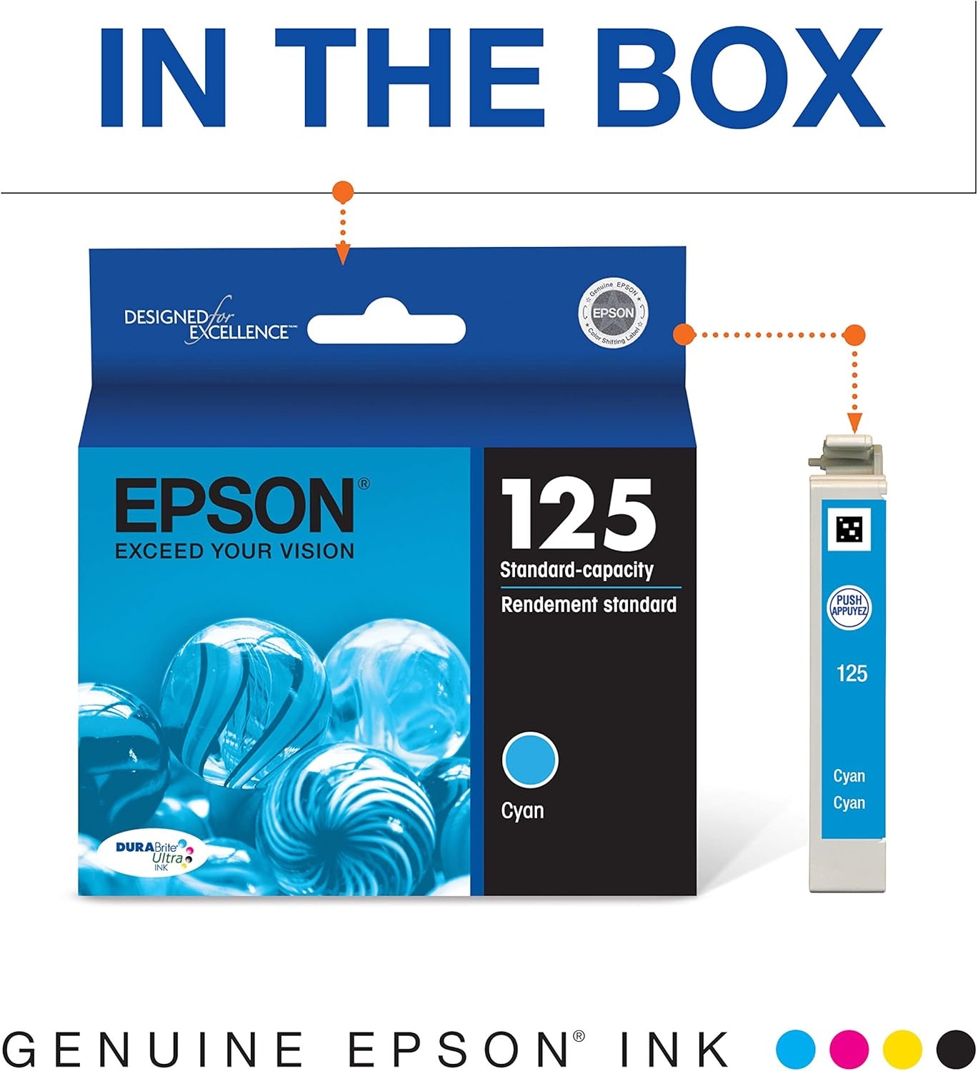 image:imageEPSON 125 DURABrite Ultra Ink Standard Capacity Cyan Cartridge T125220S Works with Stylus NX125 127 130 230 420 530 625 WorkForce WF320 323 325 520