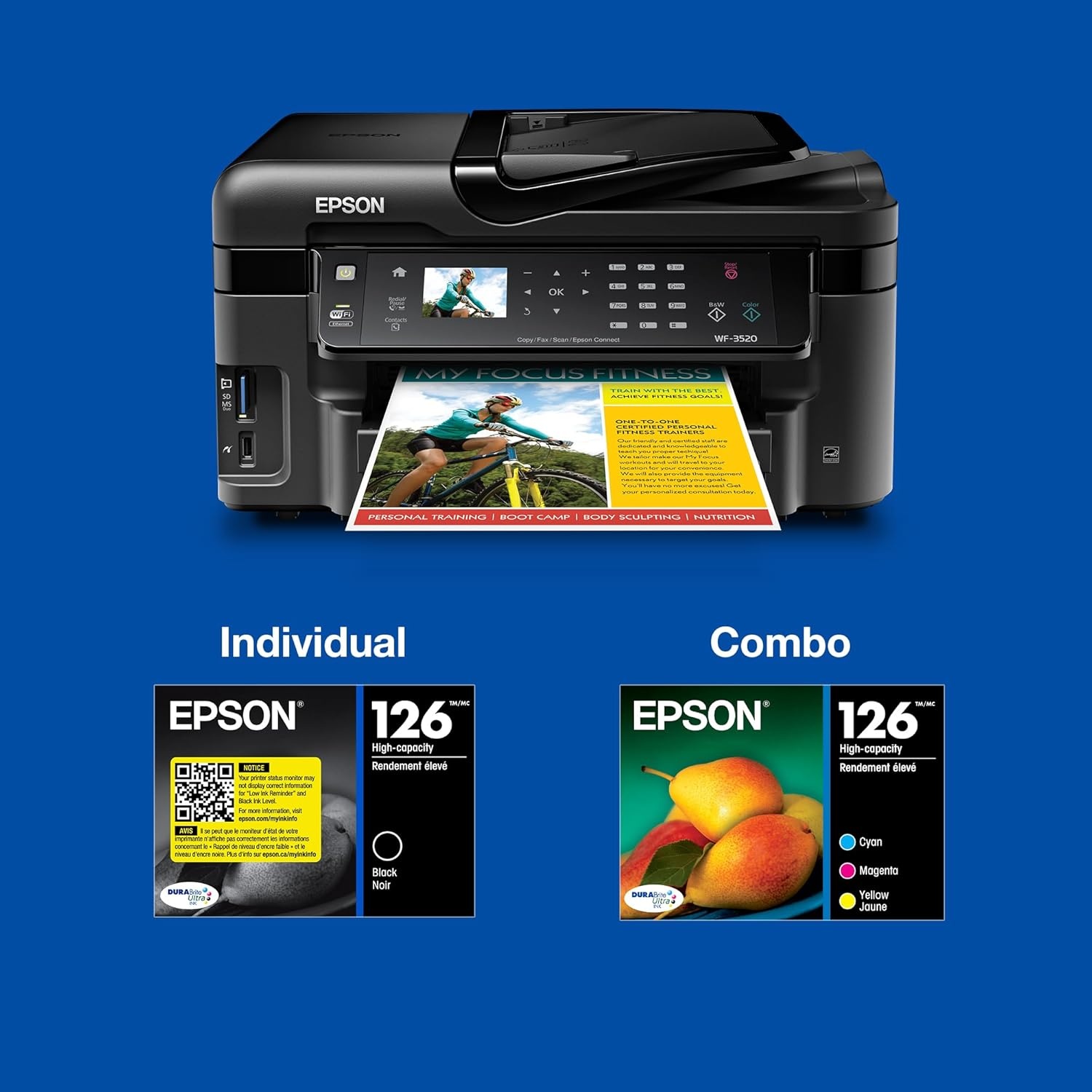 image:imageEPSON 126 DURABrite Ultra Ink Black amp Color Combo Pack For WF3520 3530 3540 520 545 630 633 635 645 7010 7510 7520 840 845 and other select modelsBlack and Color Ink
