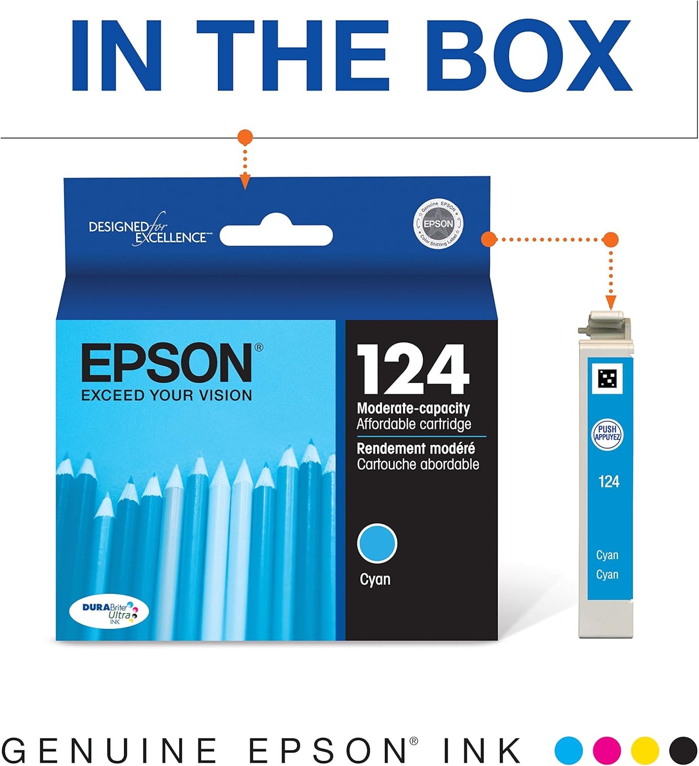 image:imageEpson 124 DURABrite Ultra Ink Standard Capacity Color Combo Pack T124520S Works with Stylus NX125 127 130 230 330 420 430 Workforce WF320 323 325 435Cyan
