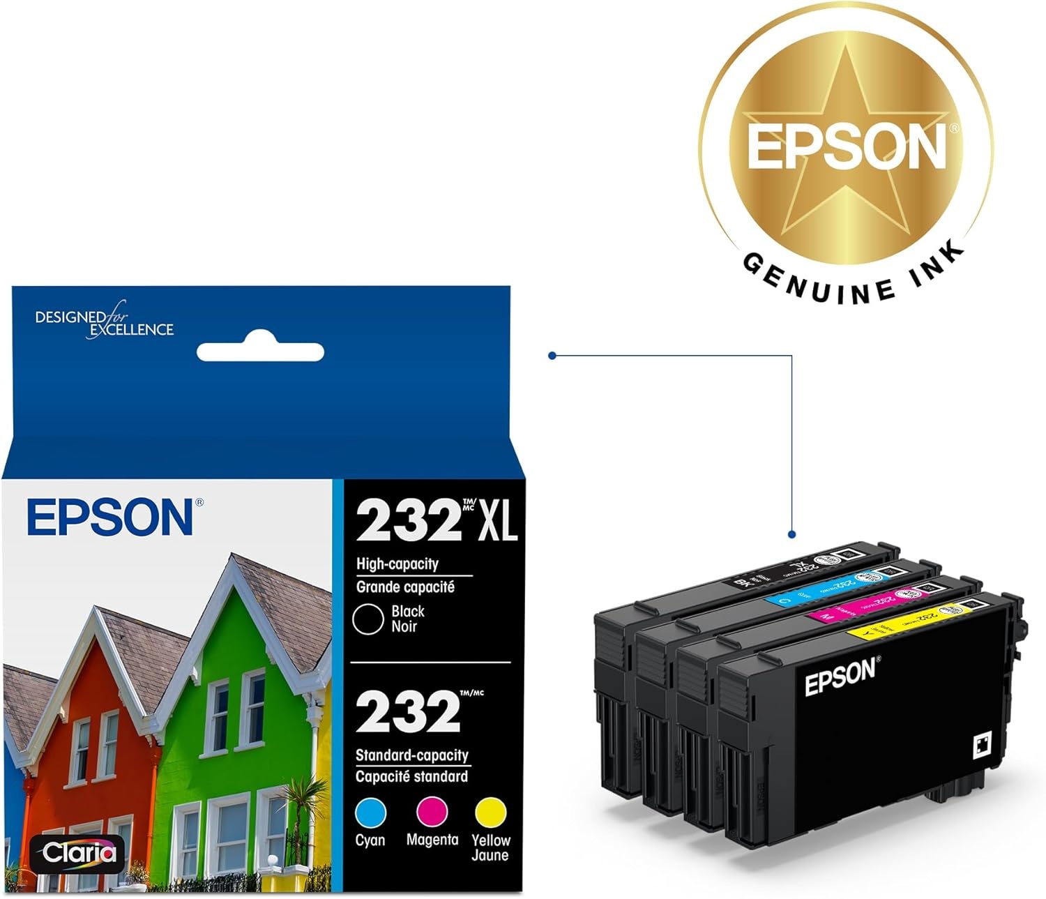 image:imageEPSON 232 Claria Ink High Capacity Black amp Standard Color Cartridge Combo Pack T232XLBCS Works with WorkForce WF2930 2950 and Expression XP4200 4205Standard Capacity